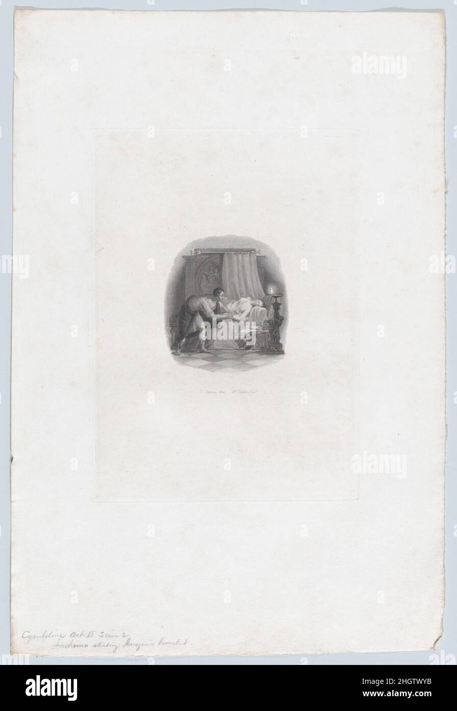 Imogen und Iachimo (Shakespeare, Cymbeline, Akt 2, Szene 2) 1827 William Ensom. Imogen und Iachimo (Shakespeare, Cymbeline, Akt 2, Szene 2). Nach Thomas Uwins (British, London 1782–1857 Staines). 1827. Gravur und Radierung auf Chine collé. Hurst, Robinson & Co. (London). William Ensom (Großbritannien, 1796–1832). Ausdrucke Stockfoto