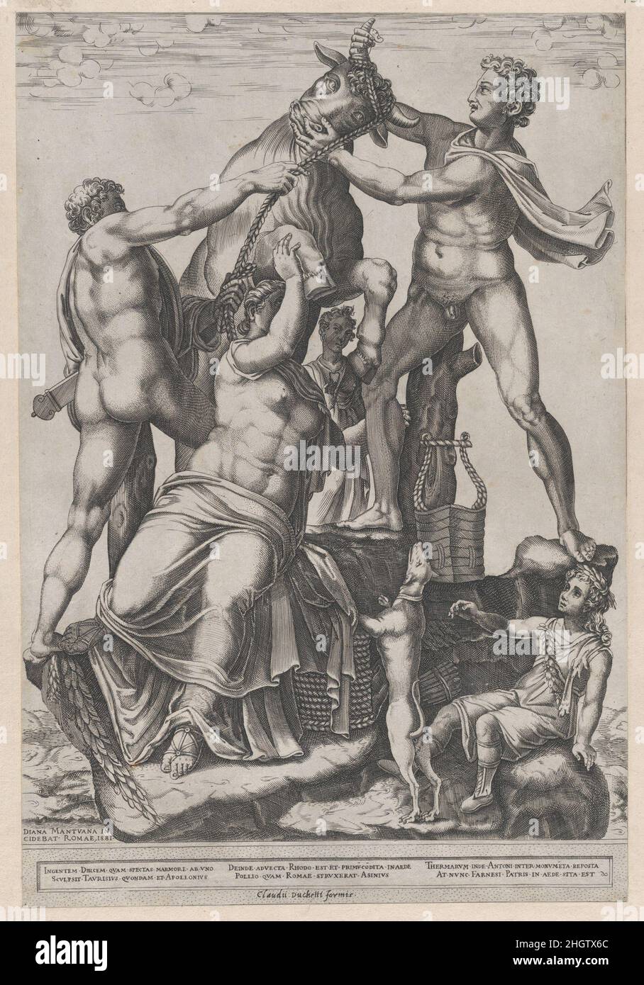 Speculum Romanae Magnificentiae: Amphion und Zethus binden Dirce an einen wilden Stier [der Farnese Bull] 1581 Diana Scultori Italienisch dieser Druck stammt aus der Museumskopie des Speculum Romanae Magnificentiae (der Spiegel der römischen Pracht).der Speculum entstand in den Verlagsbemühungen von Antonio Salamanca und Antonio Lafreri. Während ihrer Karriere im römischen Verlag initiierten die beiden ausländischen Verlage, die zwischen 1553 und 1563 zusammenarbeiteten, die Produktion von Drucken, die Kunstwerke, Architektur und Stadtansichten aus dem antiken und modernen Rom aufzeichnen. Die Drucke konnten ich kaufen Stockfoto