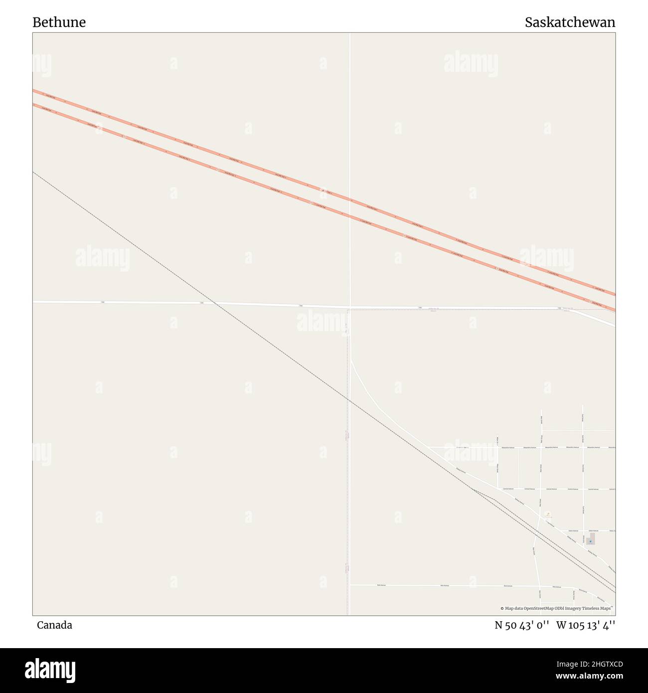 Bethune, Kanada, Saskatchewan, N 50 43' 0'', W 105 13' 4'', map, Timeless Map veröffentlicht im Jahr 2021. Reisende, Entdecker und Abenteurer wie Florence Nightingale, David Livingstone, Ernest Shackleton, Lewis and Clark und Sherlock Holmes haben sich bei der Planung von Reisen zu den entlegensten Ecken der Welt auf Karten verlassen.Timeless Maps kartiert die meisten Orte auf der Welt und zeigt die Verwirklichung großer Träume Stockfoto