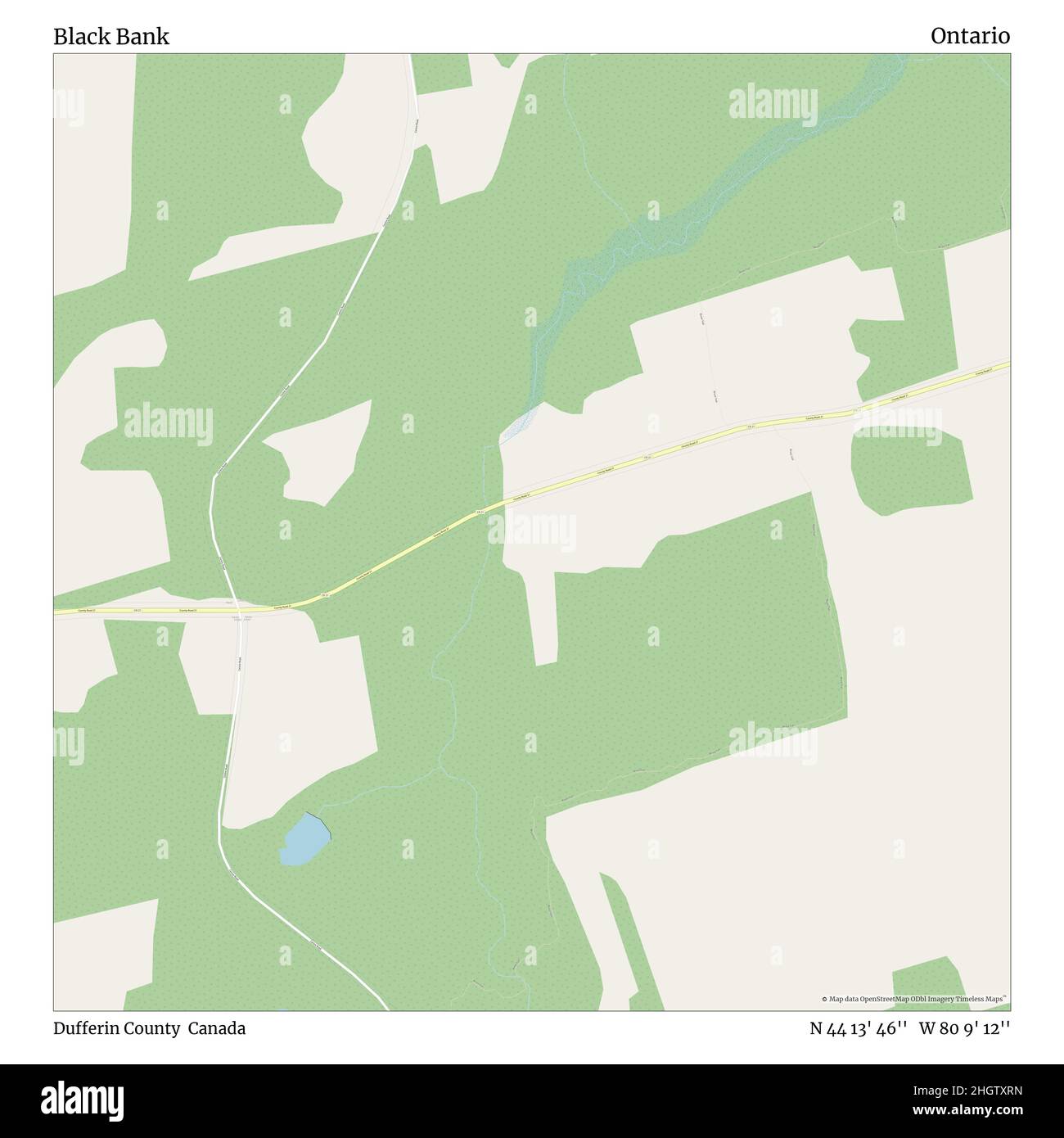 Black Bank, Dufferin County, Canada, Ontario, N 44 13' 46'', W 80 9' 12'', map, Timeless Map veröffentlicht im Jahr 2021. Reisende, Entdecker und Abenteurer wie Florence Nightingale, David Livingstone, Ernest Shackleton, Lewis and Clark und Sherlock Holmes haben sich bei der Planung von Reisen zu den entlegensten Ecken der Welt auf Karten verlassen.Timeless Maps kartiert die meisten Orte auf der Welt und zeigt die Verwirklichung großer Träume Stockfoto