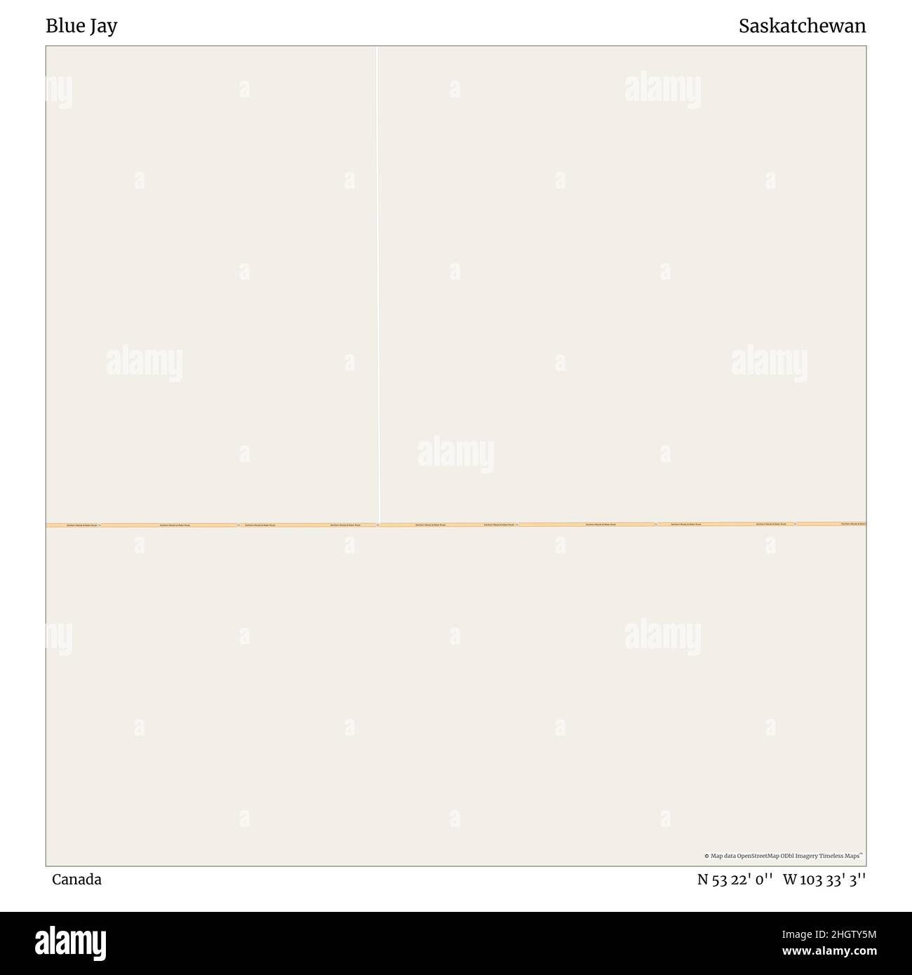 Blue Jay, Kanada, Saskatchewan, N 53 22' 0'', W 103 33' 3'', map, Timeless Map, veröffentlicht 2021. Reisende, Entdecker und Abenteurer wie Florence Nightingale, David Livingstone, Ernest Shackleton, Lewis and Clark und Sherlock Holmes haben sich bei der Planung von Reisen zu den entlegensten Ecken der Welt auf Karten verlassen.Timeless Maps kartiert die meisten Orte auf der Welt und zeigt die Verwirklichung großer Träume Stockfoto