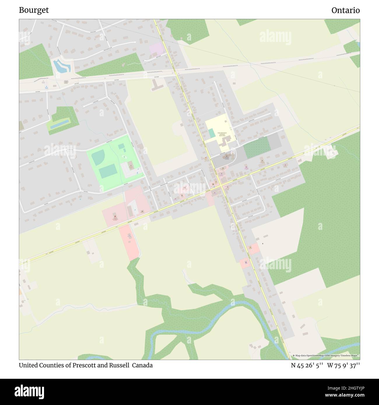 Bourget, United Counties of Prescott and Russell, Canada, Ontario, N 45 26' 5'', W 75 9' 37'', map, Timeless Map veröffentlicht im Jahr 2021. Reisende, Entdecker und Abenteurer wie Florence Nightingale, David Livingstone, Ernest Shackleton, Lewis and Clark und Sherlock Holmes haben sich bei der Planung von Reisen zu den entlegensten Ecken der Welt auf Karten verlassen.Timeless Maps kartiert die meisten Orte auf der Welt und zeigt die Verwirklichung großer Träume Stockfoto