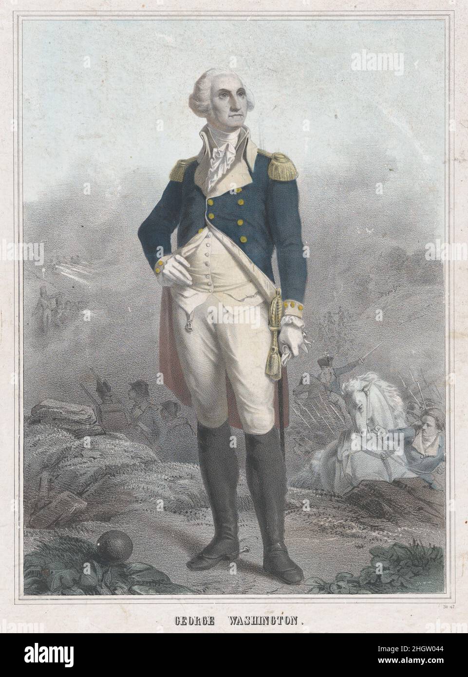 George Washington Ca. 1850 (?) Anonym, Französisch, 19th. Jahrhundert Diese Lithographie könnte um 1848 in Europa entstanden sein, als Aufstände für Reformen in Frankreich und Deutschland erneut Interesse an der amerikanischen Revolution weckten. Das Bild basiert auf Leon Cogniets Porträt aus dem Jahr 1836, das Washington am Ufer des Delaware River zeigt – Details von letzterem stammen aus John Trumbulls berühmter Darstellung des Generals in der Schlacht von Trenton, wo die bedrängten Amerikaner am 26. Dezember 1776 einen unerwarteten Sieg errangen. George Washington. (?) Anonym, französisch, 19th Jahrhundert. Ca. Stockfoto