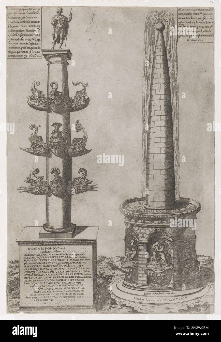 Speculum Romanae Magnificentiae: Column of Duilius 1575 Anonymous dieser Druck stammt aus der Kopie des Museums des Speculum Romanae Magnificentiae (der Spiegel der römischen Pracht).der Speculum hat seinen Ursprung in den Verlagsbemühungen von Antonio Salamanca und Antonio Lafreri. Während ihrer Karriere im römischen Verlag initiierten die beiden ausländischen Verlage, die zwischen 1553 und 1563 zusammenarbeiteten, die Produktion von Drucken, die Kunstwerke, Architektur und Stadtansichten aus dem antiken und modernen Rom aufzeichnen. Die Drucke konnten einzeln von Touristen und Sammlern gekauft werden, wurden aber auch gekauft Stockfoto