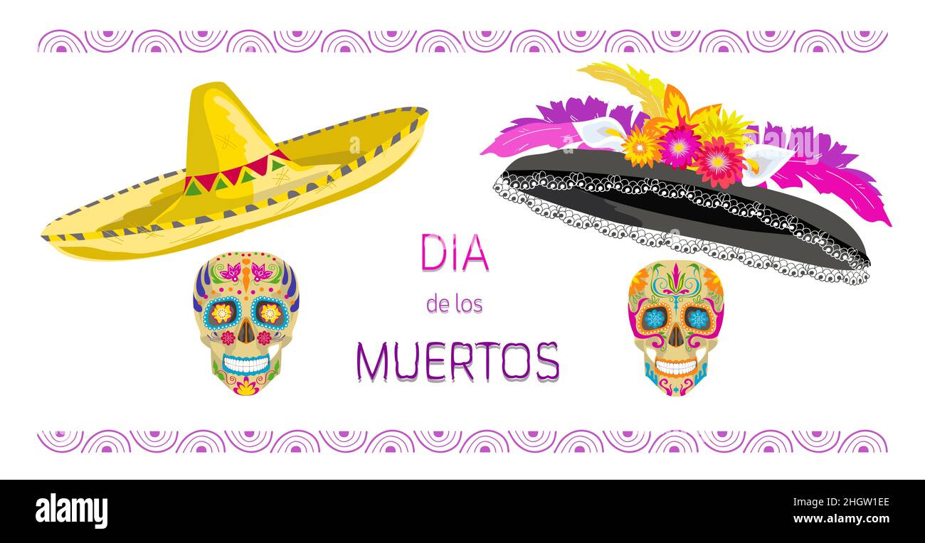 Zwei bemalte bunte Schädel (calaveras) für den Tag der Toten (Dia de los Muertos) in Mexiko, mit Hüten, Sombrero für den Menschen und Catrina-Hut mit Flow Stock Vektor