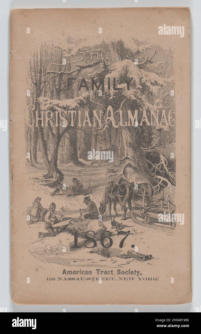 Die Familie Christian Almanac für die Vereinigten Staaten, für das Jahr unseres Herrn und Erlösers Jesus Christus, 1867 1866 Samuel Hart Wright Dieses beliebte jährliche informierte die Bewohner der östlichen Vereinigten Staaten über die Mondphasen, die Wege von Mars und Saturn durch den Nachthimmel, Und lieferte astrologische Diagramme der bevorstehenden Sonnen- und Mondfinsternisse. Der Text enthält moralische und lehrreiche Artikel und Geschichten, eine Beschreibung der Struktur der Regierung und Kommentare zu politischen, kulturellen, religiösen und philosophischen Fragen. Die Familie Christian Almanac für die Vereinigten Staaten, für das Jahr unserer Lo Stockfoto