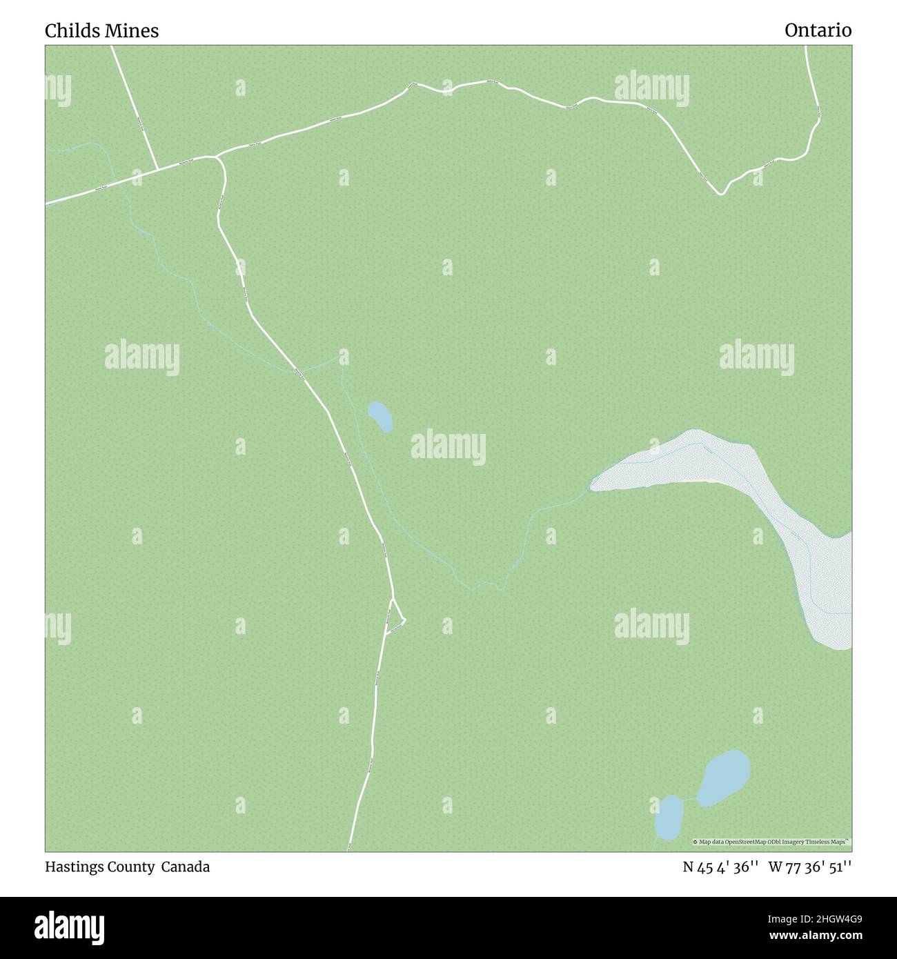 Childs Mines, Hastings County, Canada, Ontario, N 45 4' 36'', W 77 36' 51'', map, Timeless Map veröffentlicht im Jahr 2021. Reisende, Entdecker und Abenteurer wie Florence Nightingale, David Livingstone, Ernest Shackleton, Lewis and Clark und Sherlock Holmes haben sich bei der Planung von Reisen zu den entlegensten Ecken der Welt auf Karten verlassen.Timeless Maps kartiert die meisten Orte auf der Welt und zeigt die Verwirklichung großer Träume Stockfoto