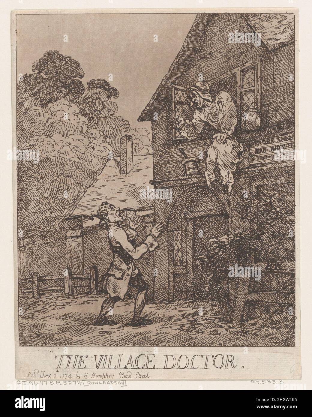 The Village Doctor 8. Juni 1774 Thomas Rowlandson Britisch. Der Dorfarzt. Nach Henry Wigstead (British, 1745?–1800 Margate). 8. Juni 1774. Ätzung und Aquatinta. Hannah Humphrey (London). Ausdrucke Stockfoto