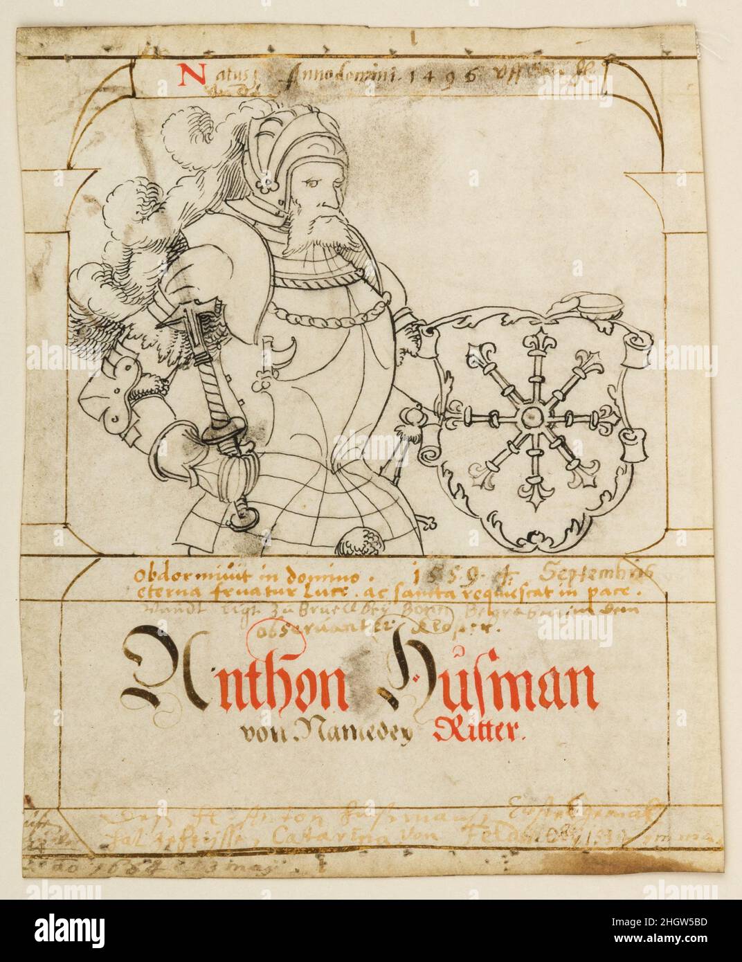 Zeichnung von Sir Anthony Hausman von Namey ca. 1559 Deutsch. Zeichnung von Sir Anthony Hausman von Namey. Deutsch. Ca. 1559. Stift und Tinte auf Papier. Arbeitet auf Papier-Zeichnungen Stockfoto