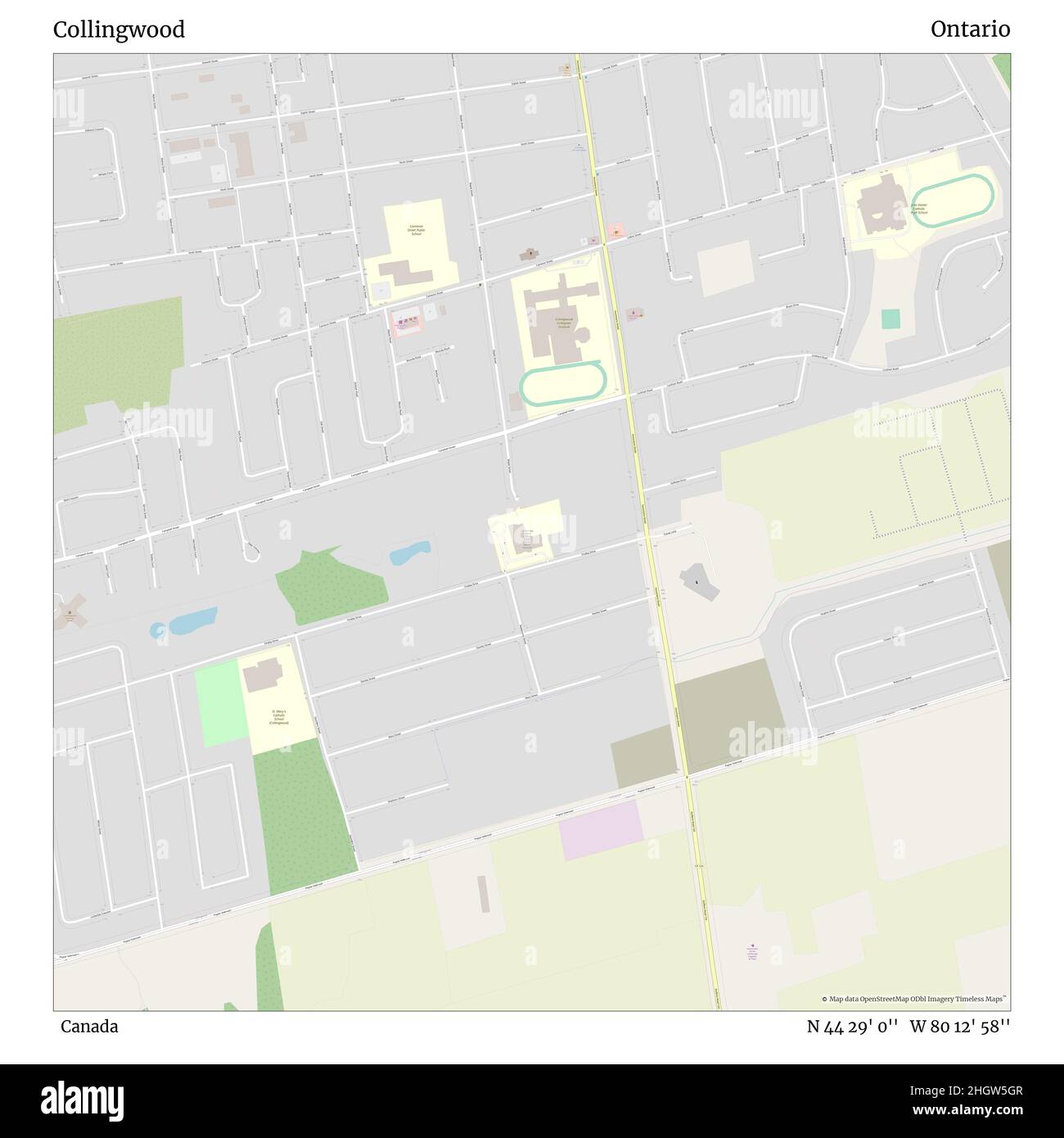 Collingwood, Canada, Ontario, N 44 29' 0'', W 80 12' 58'', map, Timeless Map veröffentlicht im Jahr 2021. Reisende, Entdecker und Abenteurer wie Florence Nightingale, David Livingstone, Ernest Shackleton, Lewis and Clark und Sherlock Holmes haben sich bei der Planung von Reisen zu den entlegensten Ecken der Welt auf Karten verlassen.Timeless Maps kartiert die meisten Orte auf der Welt und zeigt die Verwirklichung großer Träume Stockfoto