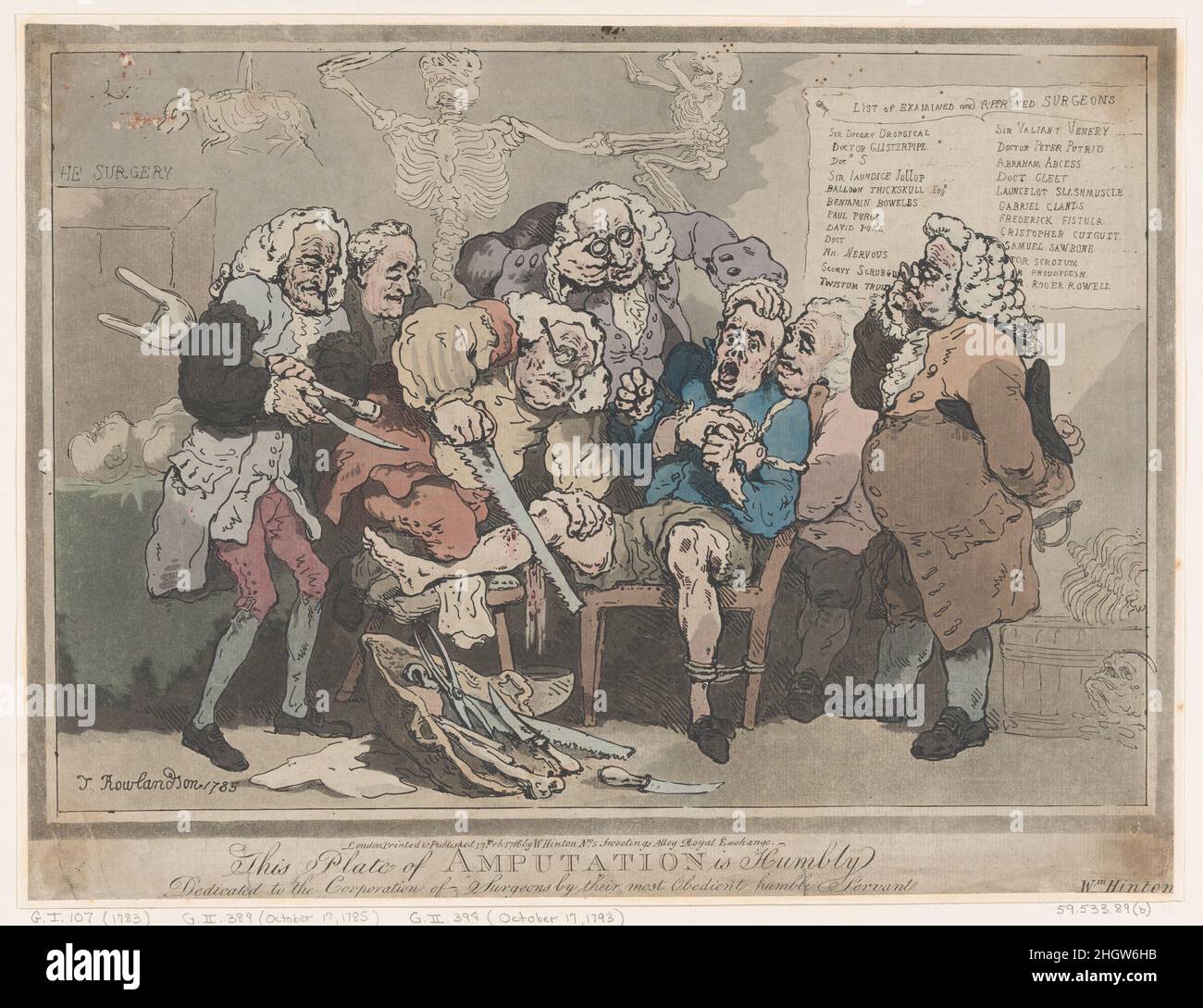 Amputation 17. Februar 1786 Thomas Rowlandson. Amputation. Thomas Rowlandson (British, London 1757–1827 London). 17. Februar 1786. Handkolorierte Radierung. William Hinton (britisch, aktives London, 1779–86). Ausdrucke Stockfoto