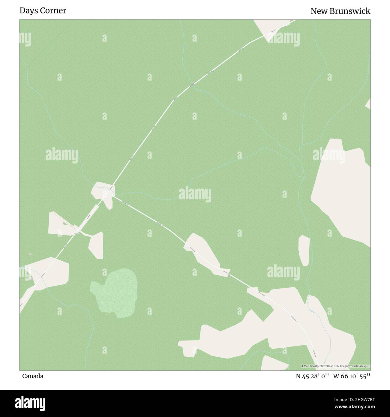 Days Corner, Canada, New Brunswick, N 45 28' 0'', W 66 10' 55'', map, Timeless Map veröffentlicht im Jahr 2021. Reisende, Entdecker und Abenteurer wie Florence Nightingale, David Livingstone, Ernest Shackleton, Lewis and Clark und Sherlock Holmes haben sich bei der Planung von Reisen zu den entlegensten Ecken der Welt auf Karten verlassen.Timeless Maps kartiert die meisten Orte auf der Welt und zeigt die Verwirklichung großer Träume Stockfoto