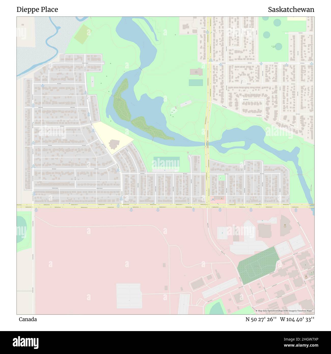 Dieppe Place, Kanada, Saskatchewan, N 50 27' 26'', W 104 40' 33'', Karte, Timeless Map veröffentlicht im Jahr 2021. Reisende, Entdecker und Abenteurer wie Florence Nightingale, David Livingstone, Ernest Shackleton, Lewis and Clark und Sherlock Holmes haben sich bei der Planung von Reisen zu den entlegensten Ecken der Welt auf Karten verlassen.Timeless Maps kartiert die meisten Orte auf der Welt und zeigt die Verwirklichung großer Träume Stockfoto