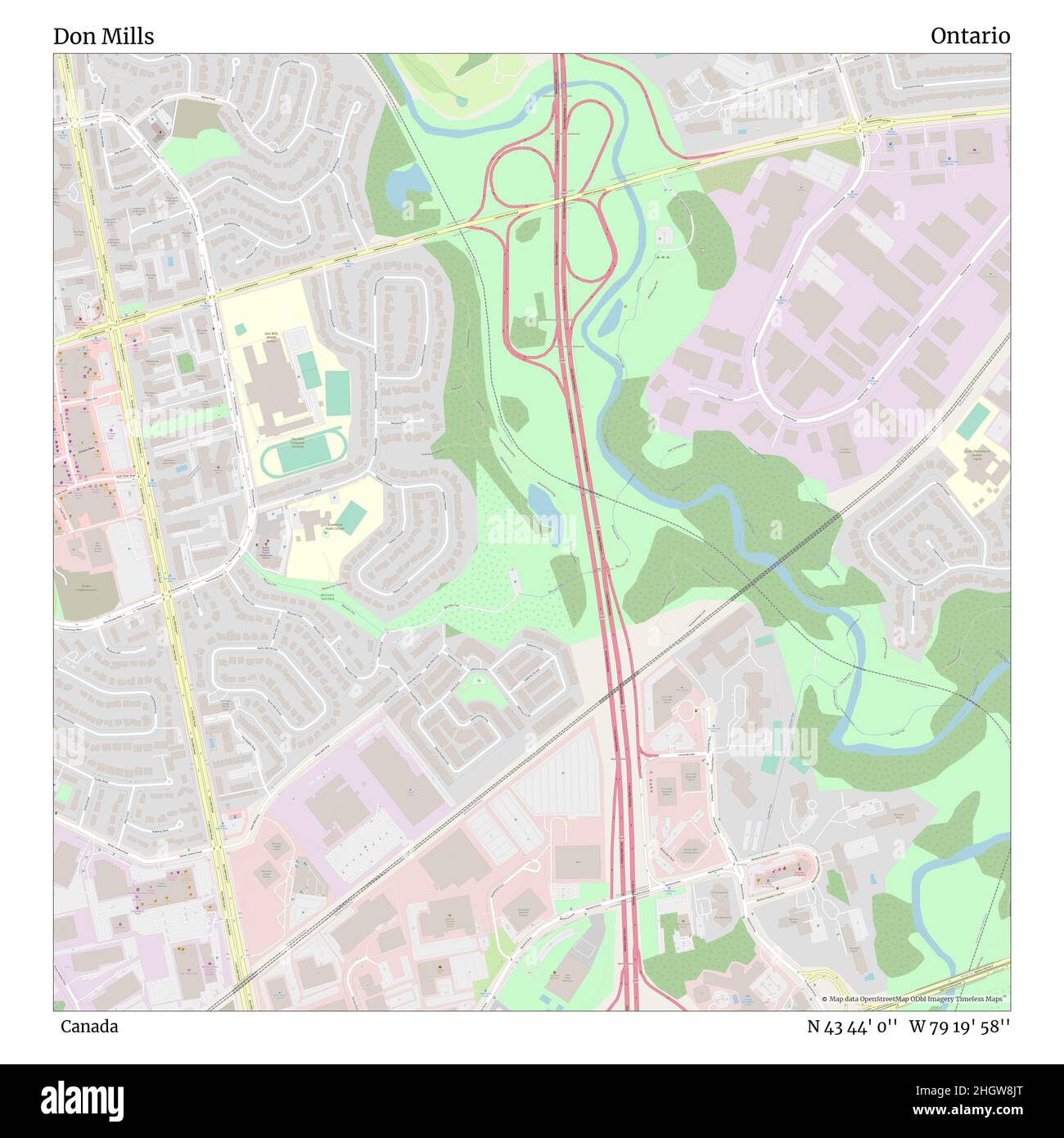 Don Mills, Kanada, Ontario, N 43 44' 0'', W 79 19' 58'', map, Timeless Map veröffentlicht im Jahr 2021. Reisende, Entdecker und Abenteurer wie Florence Nightingale, David Livingstone, Ernest Shackleton, Lewis and Clark und Sherlock Holmes haben sich bei der Planung von Reisen zu den entlegensten Ecken der Welt auf Karten verlassen.Timeless Maps kartiert die meisten Orte auf der Welt und zeigt die Verwirklichung großer Träume Stockfoto