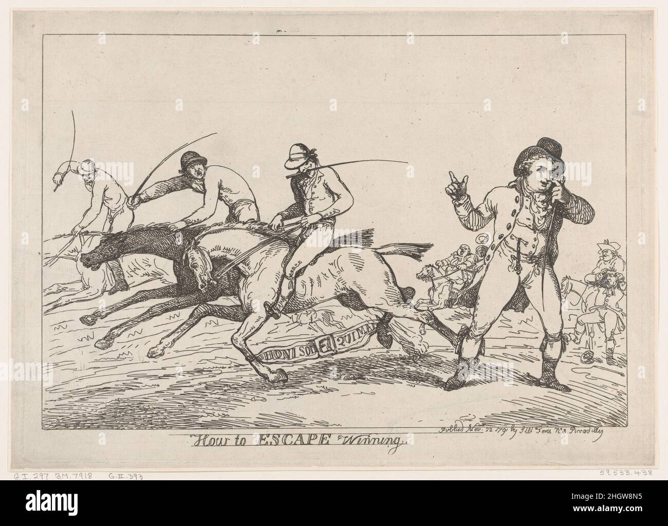 Wie man dem Sieg entkommen kann 22. November 1791 Thomas Rowlandson dieser Print und sein Begleiter, 'How to Escape Losing' (59.533.437), reagieren auf ein Paar Rennen, die am 20. Und 21. Oktober 1791 in Newmarket ausgetragen wurden. Im Mittelpunkt stand der Preis des Prince of Wales Vollblut Escape, was einen Skandal auslöste, da Escape im ersten Jahr zwar bevorzugt gewinnen konnte, aber als letzter von vier endete. Am nächsten Tag gewann Escape handlich gegen zwei der gleichen Rivalen und belohnte sowohl den Prince als auch seinen Jockey Samuel Chifney für Wetten, die mit Quoten platziert wurden, die durch den jüngsten Verlust des Pferdes erhöht wurden. Vorwürfe des Betrugs wurden sichergestellt und eine Untersuchung wurde eingeleitet Stockfoto