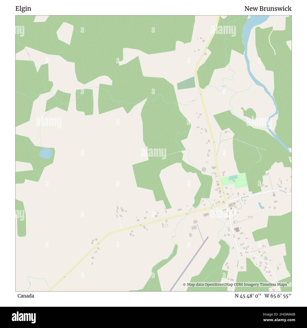 Elgin, Kanada, New Brunswick, N 45 48' 0'', W 65 6' 55'', map, Timeless Map veröffentlicht im Jahr 2021. Reisende, Entdecker und Abenteurer wie Florence Nightingale, David Livingstone, Ernest Shackleton, Lewis and Clark und Sherlock Holmes haben sich bei der Planung von Reisen zu den entlegensten Ecken der Welt auf Karten verlassen.Timeless Maps kartiert die meisten Orte auf der Welt und zeigt die Verwirklichung großer Träume Stockfoto