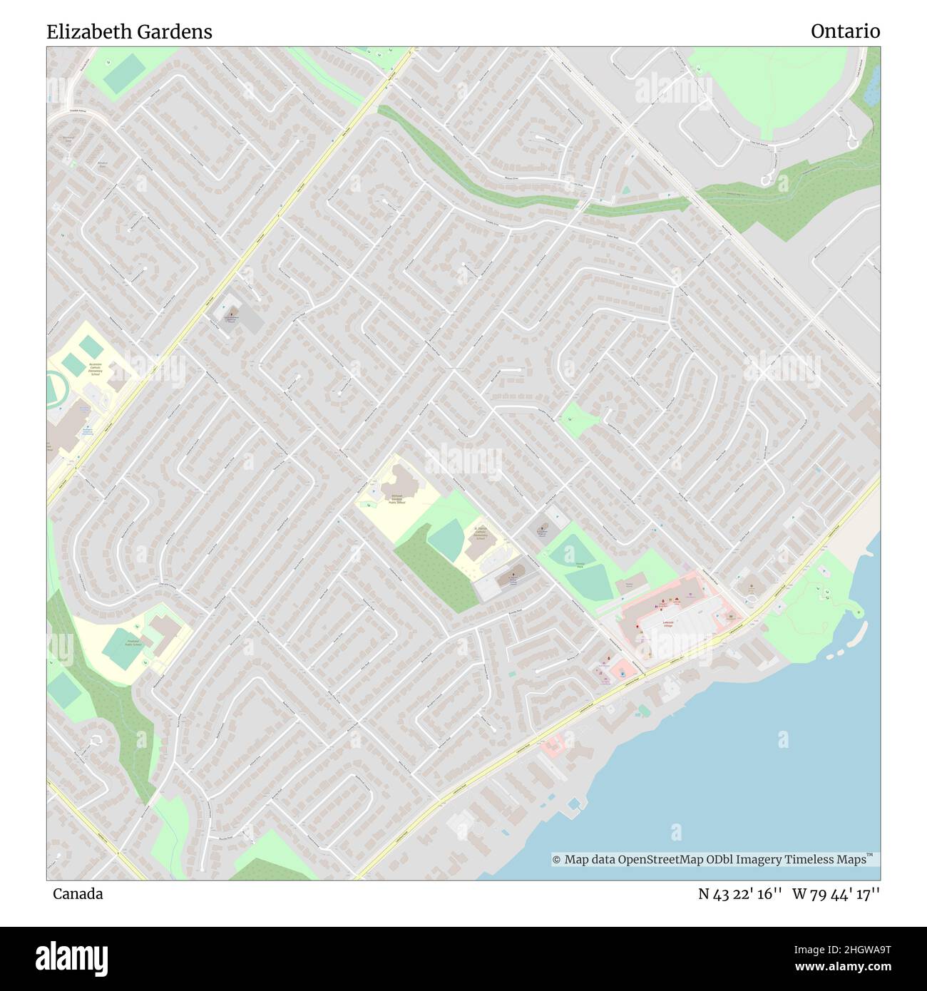 Elizabeth Gardens, Canada, Ontario, N 43 22' 16'', W 79 44' 17'', map, Timeless Map veröffentlicht im Jahr 2021. Reisende, Entdecker und Abenteurer wie Florence Nightingale, David Livingstone, Ernest Shackleton, Lewis and Clark und Sherlock Holmes haben sich bei der Planung von Reisen zu den entlegensten Ecken der Welt auf Karten verlassen.Timeless Maps kartiert die meisten Orte auf der Welt und zeigt die Verwirklichung großer Träume Stockfoto