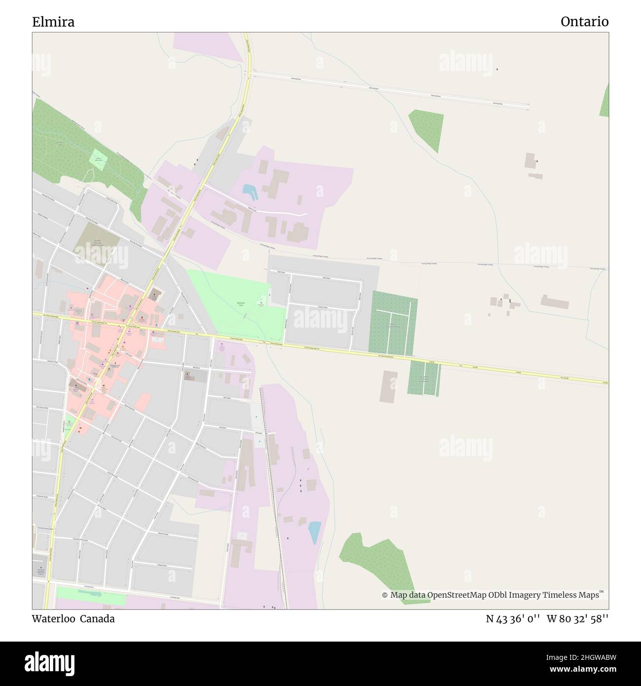 Elmira, Waterloo, Kanada, Ontario, N 43 36' 0'', W 80 32' 58'', Karte, Timeless Map veröffentlicht im Jahr 2021. Reisende, Entdecker und Abenteurer wie Florence Nightingale, David Livingstone, Ernest Shackleton, Lewis and Clark und Sherlock Holmes haben sich bei der Planung von Reisen zu den entlegensten Ecken der Welt auf Karten verlassen.Timeless Maps kartiert die meisten Orte auf der Welt und zeigt die Verwirklichung großer Träume Stockfoto