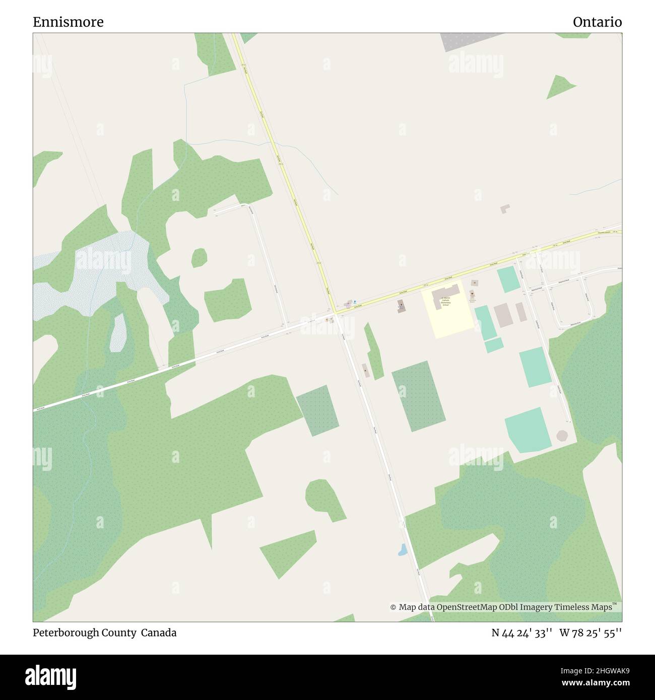 Ennismore, Peterborough County, Canada, Ontario, N 44 24' 33'', W 78 25' 55'', map, Timeless Map veröffentlicht im Jahr 2021. Reisende, Entdecker und Abenteurer wie Florence Nightingale, David Livingstone, Ernest Shackleton, Lewis and Clark und Sherlock Holmes haben sich bei der Planung von Reisen zu den entlegensten Ecken der Welt auf Karten verlassen.Timeless Maps kartiert die meisten Orte auf der Welt und zeigt die Verwirklichung großer Träume Stockfoto