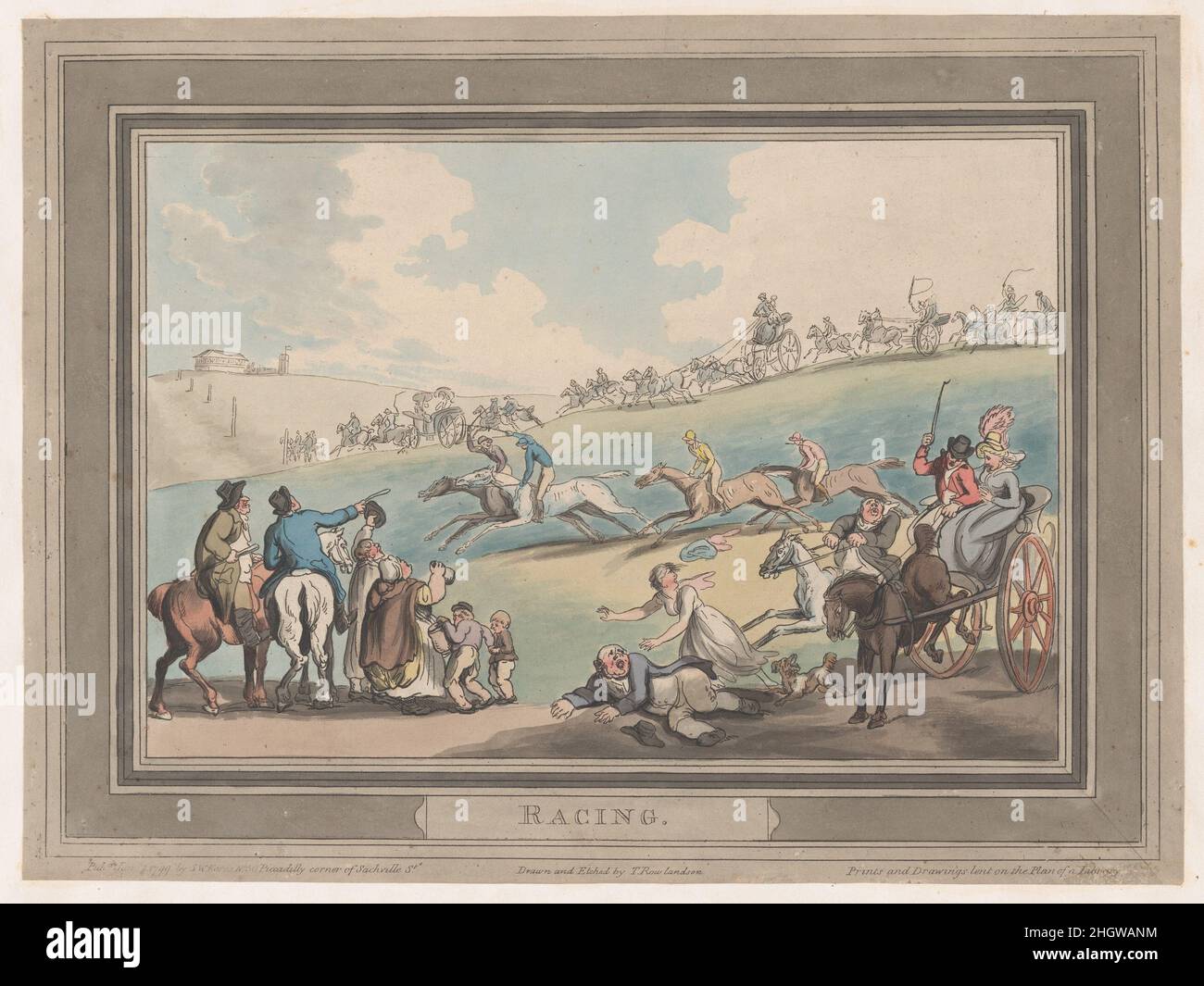 Racing [The Start] January 1, 1799 Thomas Rowlandson Zuschauer sitzen in Kutschen, zu Pferd und zu Fuß auf einer Strecke, um ein Pferderennen zu beobachten - der stolte Reiter, der rechts Figuren streut, ist kein Rennfahrer, sondern ein Zuschauer, dessen Reittier außer Kontrolle Gerät. Der Druck stammt von einer Gruppe von Rowlandson, die sich den Momenten im Pferderennen widmet - interessanterweise zeigt keiner ein Ende. Als sie um 1789 erstmals veröffentlicht wurden, waren die Titel „The Mount“, „The Start“, „The Betting Post“ und „The Course“. Das vorliegende Beispiel stammt aus einer erweiterten Neuauflage von 1798-99 mit den Titeln, die in „Mounting“ (59.533.1697), „RAC“ geändert wurden Stockfoto