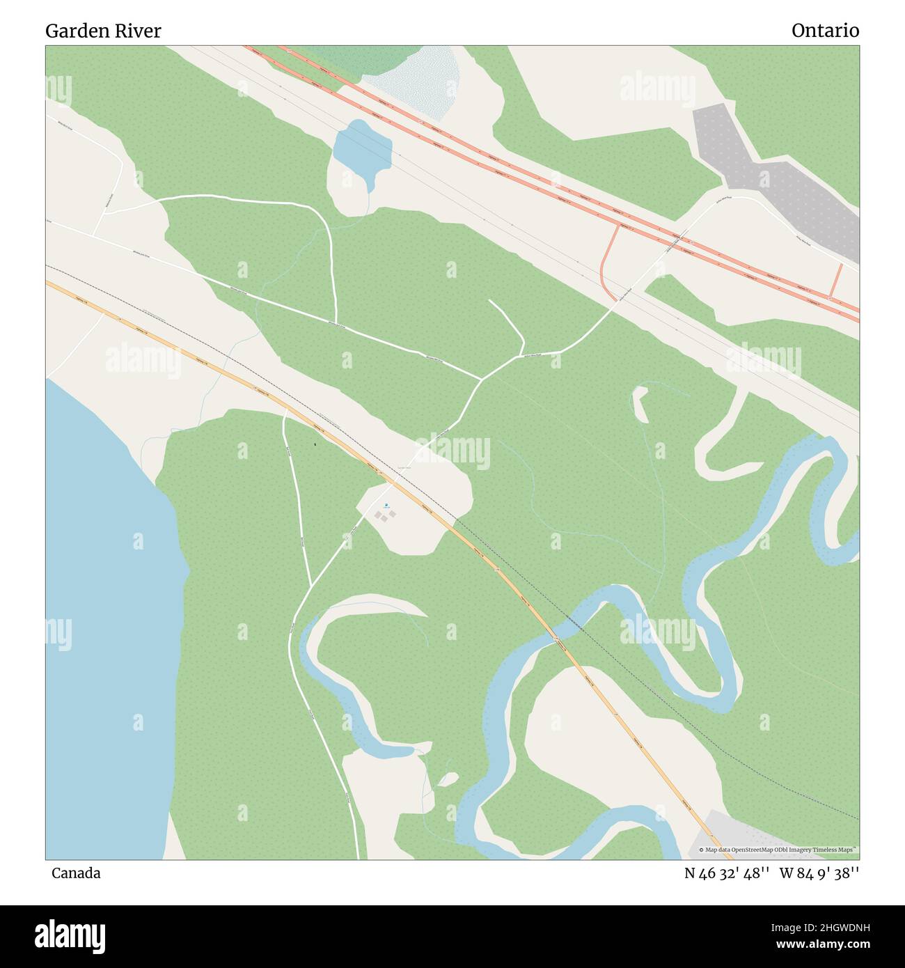 Garden River, Canada, Ontario, N 46 32' 48'', W 84 9' 38'', map, Timeless Map veröffentlicht im Jahr 2021. Reisende, Entdecker und Abenteurer wie Florence Nightingale, David Livingstone, Ernest Shackleton, Lewis and Clark und Sherlock Holmes haben sich bei der Planung von Reisen zu den entlegensten Ecken der Welt auf Karten verlassen.Timeless Maps kartiert die meisten Orte auf der Welt und zeigt die Verwirklichung großer Träume Stockfoto