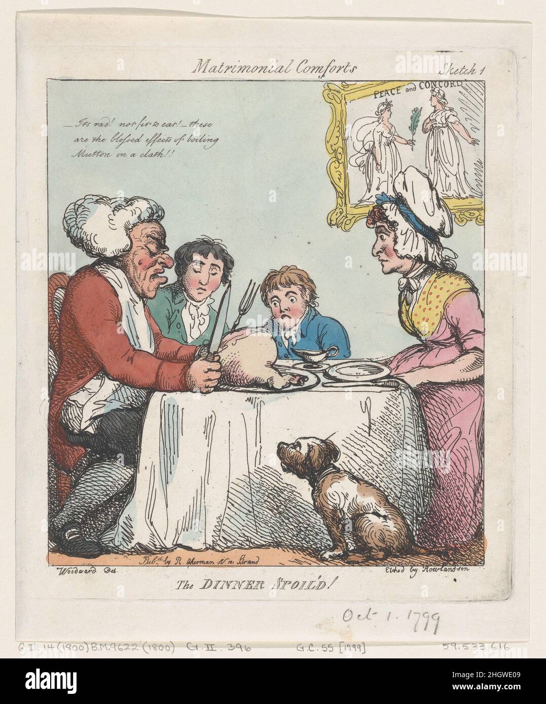 Das Abendessen war eine Verwöhnzeit! 1800 Thomas Rowlandson. Das Abendessen hat uns sehr gut gefallen! Ehekomfort. Thomas Rowlandson (British, London 1757–1827 London). 1800. Handkolorierte Radierung. Rudolph Ackermann, London (tätig 1794–1829). Ausdrucke Stockfoto