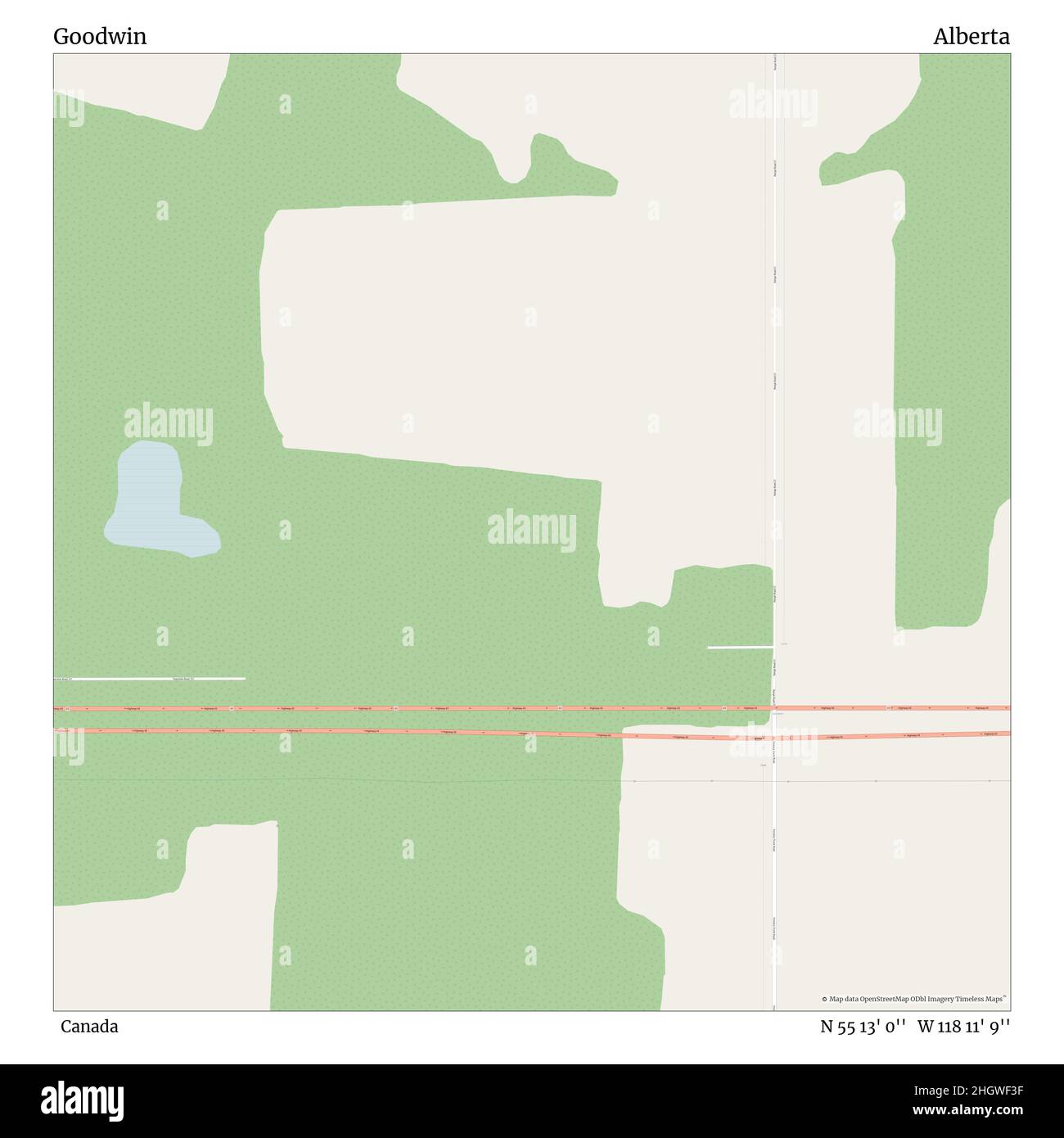 Goodwin, Kanada, Alberta, N 55 13' 0'', W 118 11' 9'', map, Timeless Map veröffentlicht im Jahr 2021. Reisende, Entdecker und Abenteurer wie Florence Nightingale, David Livingstone, Ernest Shackleton, Lewis and Clark und Sherlock Holmes haben sich bei der Planung von Reisen zu den entlegensten Ecken der Welt auf Karten verlassen.Timeless Maps kartiert die meisten Orte auf der Welt und zeigt die Verwirklichung großer Träume Stockfoto