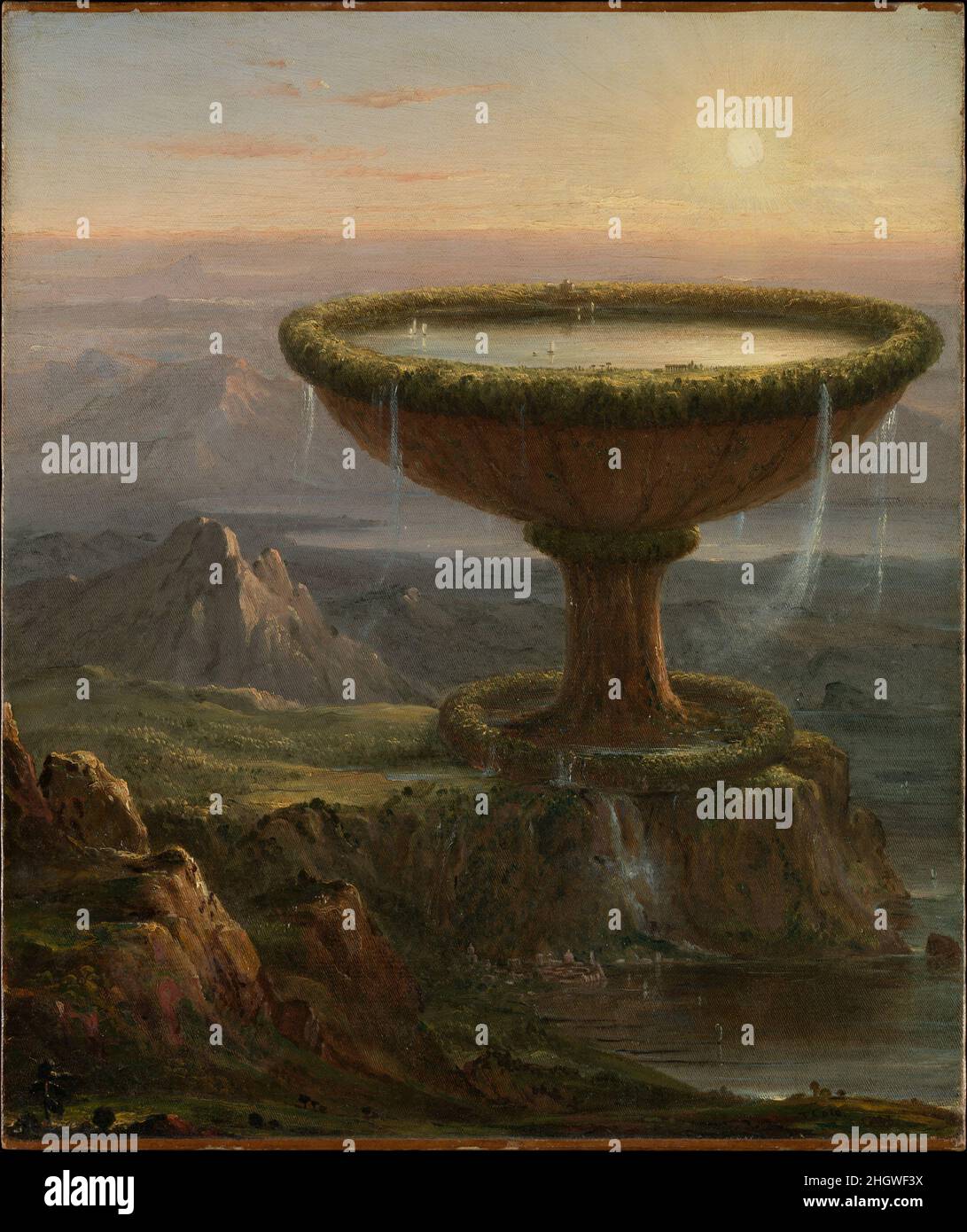 The Titan's Goblet 1833 Thomas Cole American als Höhepunkt von Coles romantischen Fantasien erinnert dieses Werk an die anderen Werke des Künstlers aus dieser Zeit in seiner italienischen Szenerie und an seinen Versuch, Themen zu illustrieren, die sich mit der Pracht der Vergangenheit, dem Vergehen der Zeit und dem Eindringen der Natur auseinandersetzen. Von Coles Gönner Luman Reed abgelehnt und später dem Künstler John M. Falconer gehört, widersetzt sich das Werk einer vollständigen Erklärung. Der massive, vegetationsbewachsene Kelch, um dessen Rand klassische Ruinen gefunden werden und auf dessen glasige Oberfläche Boote segeln, wurde mit der nordischen Legende und Gree in Verbindung gebracht Stockfoto