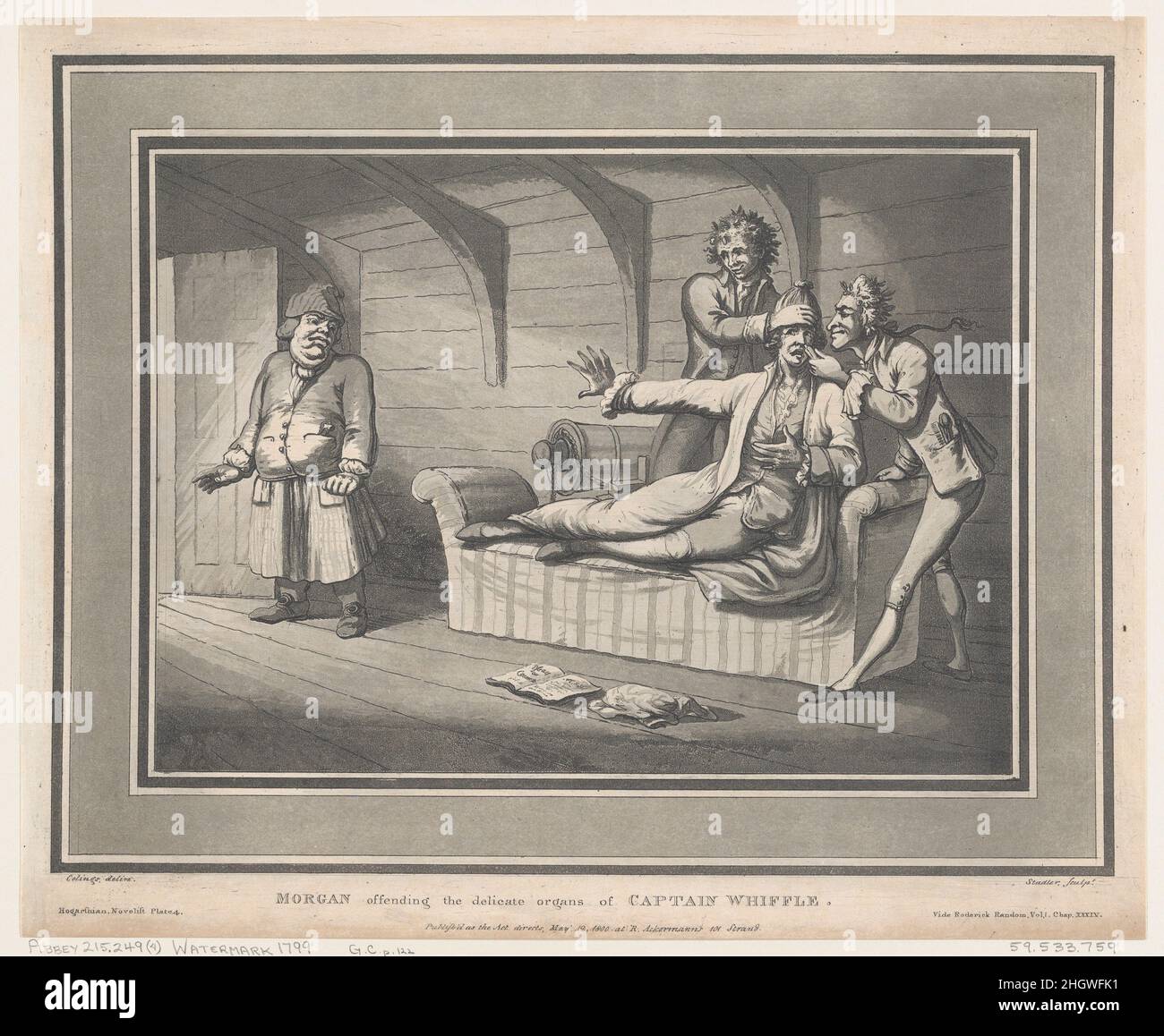 Morgan beleidigt die empfindlichen Organe von Kapitän Whiffle 12. Mai 1800 Thomas Rowlandson. Morgan beleidigt die empfindlichen Organe von Kapitän Whiffle. Sechs Illustrationen zu den Abenteuern von Roderick Random, Band I, Kap. XXXIV. Nach Samuel Collings (britisch, aktiv 1784–95). 12.Mai 1800. Ätzung und Aquatinta. Rudolph Ackermann, London (tätig 1794–1829). Ausdrucke Stockfoto