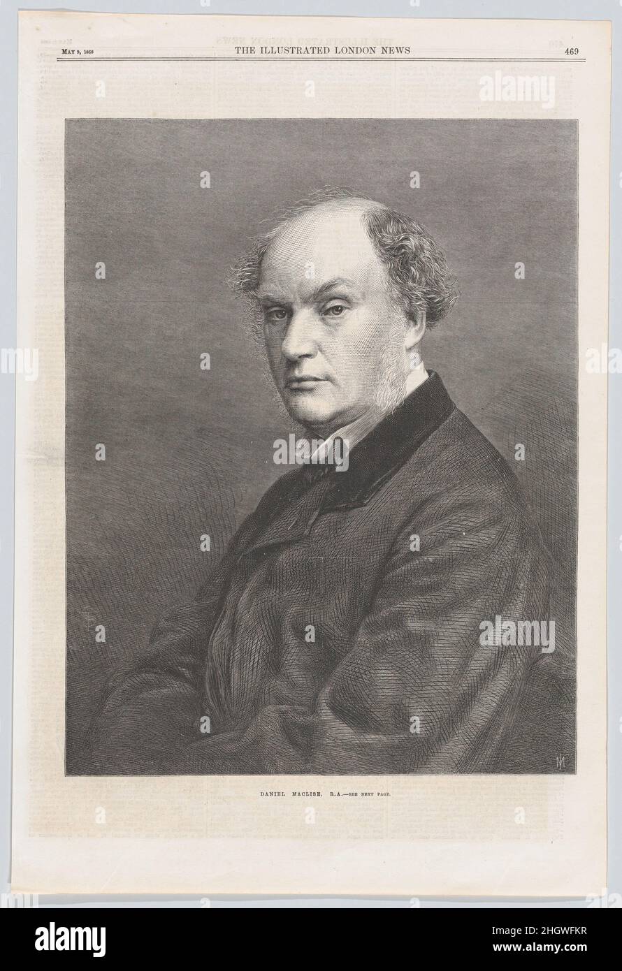 Daniel Maclise, R.A., aus 'Illustrated London News' 9. Mai 1868 Mason Jackson Mason Jackson arbeitete von 1850 bis 78 als Graveur bei den 'Illustrated London News' und als Art Editor von 1860. Dieses Beispiel für sein Können basiert auf einer Fotografie der Londoner Partner John und Charles Watkins und porträtiert den Künstler Daniel Maclise. Maclise, geboren in Cork als Sohn schottischer Eltern, kam 1828 nach London, um die Royal Academy Schools zu besuchen, und wurde bekannt für Porträts von Prominenten, die zwischen 1830 und 1836 im „Fraser’s Magazine“ veröffentlicht wurden. Ab 1858 arbeitete er an großen Wandmalereien in den neuen Houses of Parliament an Stockfoto