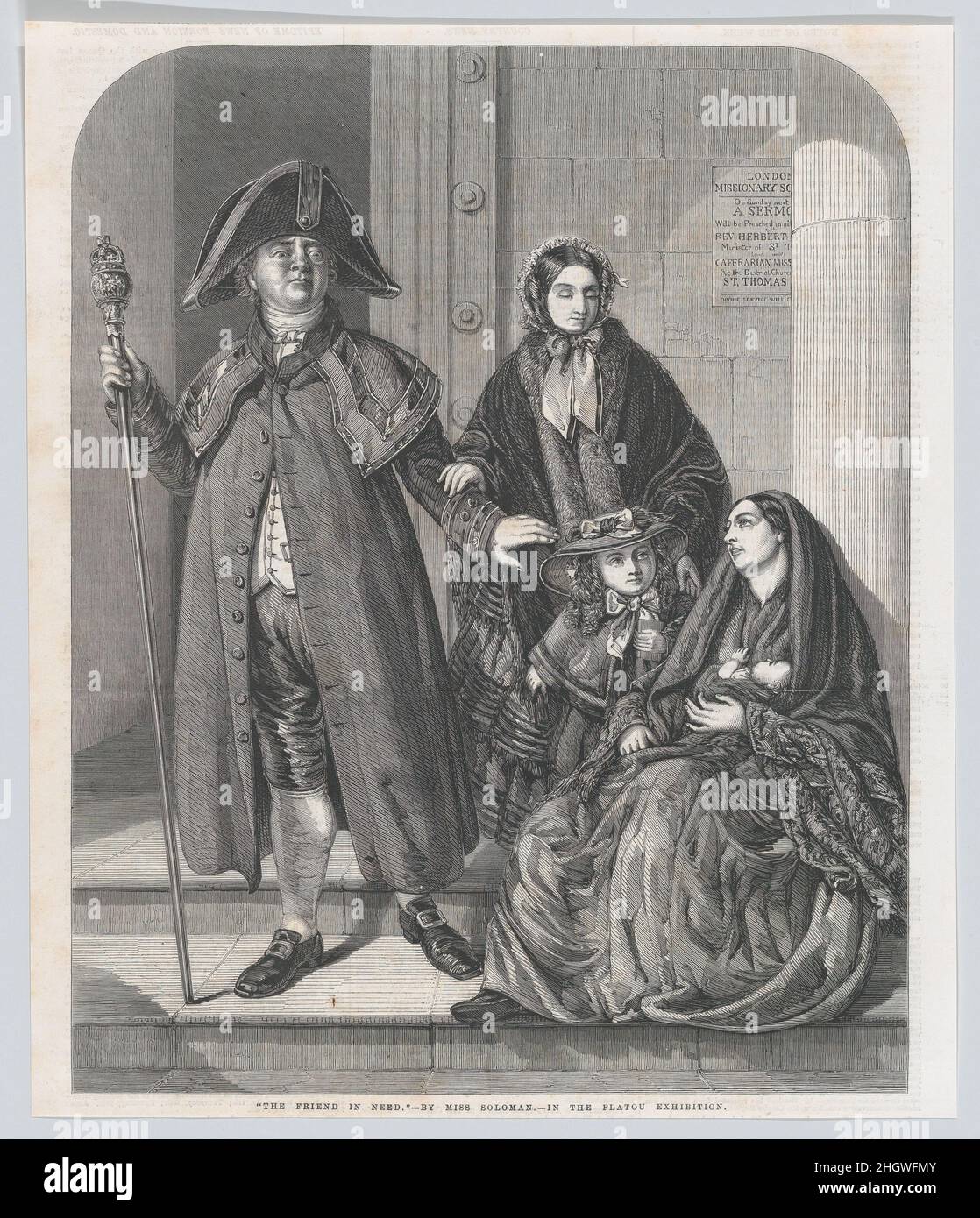 The Friend in Need, aus 'Illustrated London News' 23. April 1859 nach Rebecca Solomon dieser Druck gibt ein Gemälde der viktorianischen Künstlerin Rebecca Solomon wieder, deren Brüder Abraham Solomon und Simeon Solomon ebenfalls Künstler waren. Nach dem Studium an der Spitalfields School of Design wurde Rebecca Holzzeichnerin, Illustratorin, Assistentin ihres Bruders Abraham, Kopistin für John Everett Millais und stellte ihre eigenen Öle und Aquarelle an der Royal Academy und anderen Orten aus. In diesem zeitgenössischen Genre suchen eine mittellose Mutter und ein elbes Kind nach einer Wohltätigkeitsorganisation außerhalb einer öffentlichen Einrichtung (ein Poster su Stockfoto