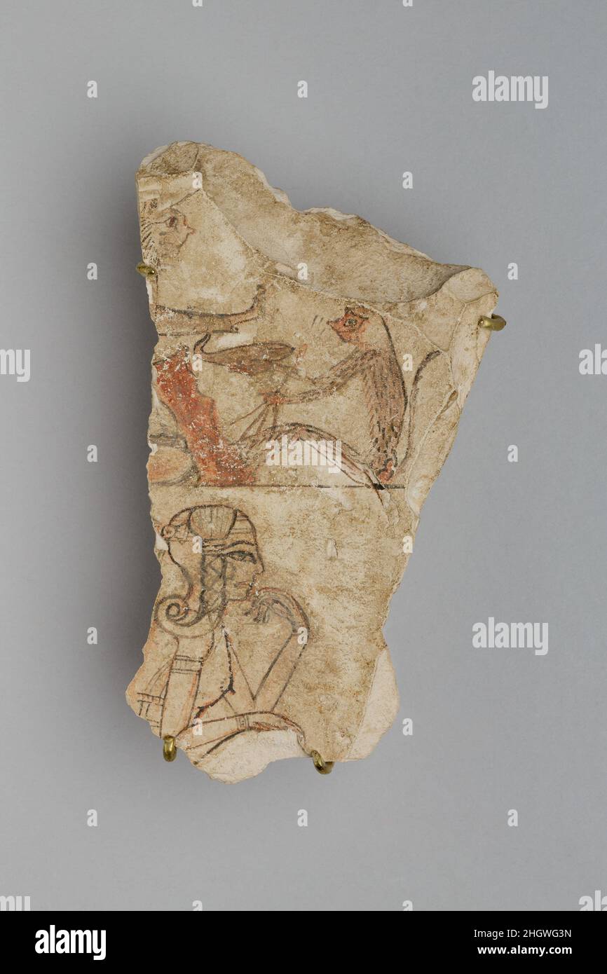 Ostrakon, der eine Tierfabel oder einen Mythos im oberen Register darstellt und eine Prinzessin (?) Im unteren ca. 1295–1070 v. Chr. Neues Königreich, Ramesside. Ostrakon, der eine Tierfabel oder einen Mythos im oberen Register darstellt und eine Prinzessin (?) Im unteren Bereich. Ca. 1295–1070 V. CHR. Kalkstein, Farbe. New Kingdom, Ramesside. Aus Ägypten. Dynastie 19–20 Stockfoto