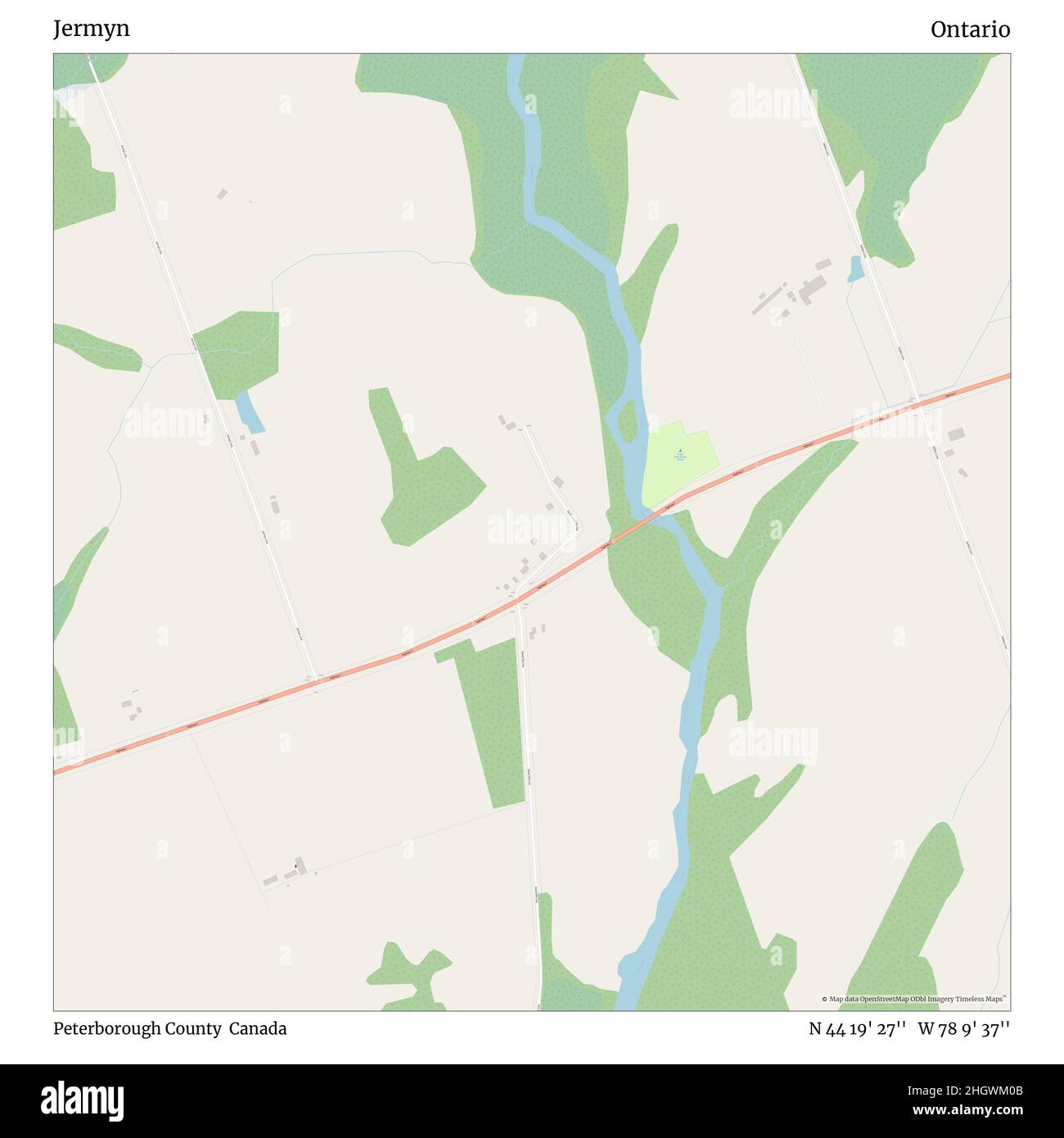 Jermyn, Peterborough County, Canada, Ontario, N 44 19' 27'', W 78 9' 37'', map, Timeless Map veröffentlicht im Jahr 2021. Reisende, Entdecker und Abenteurer wie Florence Nightingale, David Livingstone, Ernest Shackleton, Lewis and Clark und Sherlock Holmes haben sich bei der Planung von Reisen zu den entlegensten Ecken der Welt auf Karten verlassen.Timeless Maps kartiert die meisten Orte auf der Welt und zeigt die Verwirklichung großer Träume Stockfoto