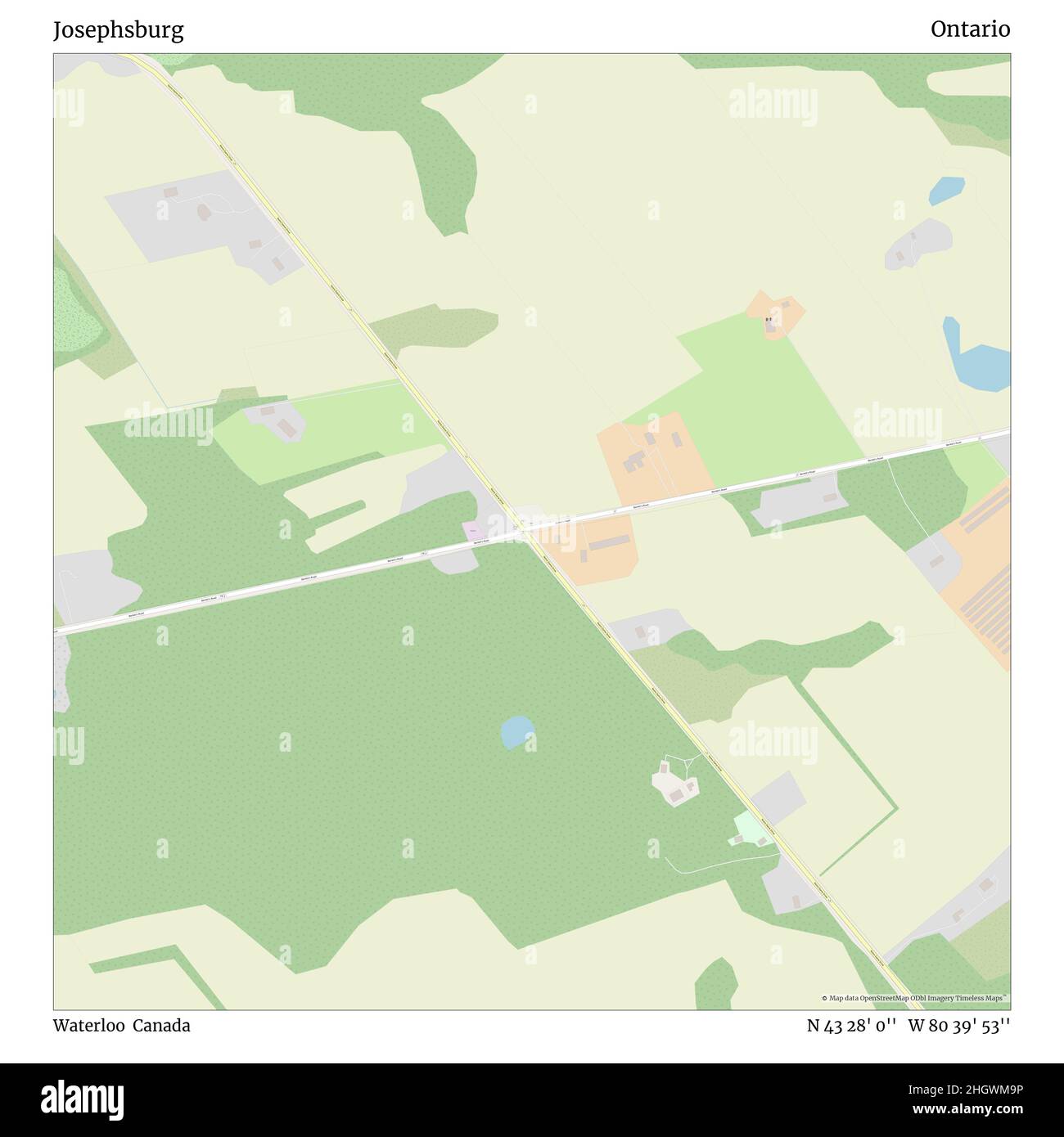 Josephsburg, Waterloo, Kanada, Ontario, N 43 28' 0'', W 80 39' 53'', Karte, Timeless Map veröffentlicht im Jahr 2021. Reisende, Entdecker und Abenteurer wie Florence Nightingale, David Livingstone, Ernest Shackleton, Lewis and Clark und Sherlock Holmes haben sich bei der Planung von Reisen zu den entlegensten Ecken der Welt auf Karten verlassen.Timeless Maps kartiert die meisten Orte auf der Welt und zeigt die Verwirklichung großer Träume Stockfoto