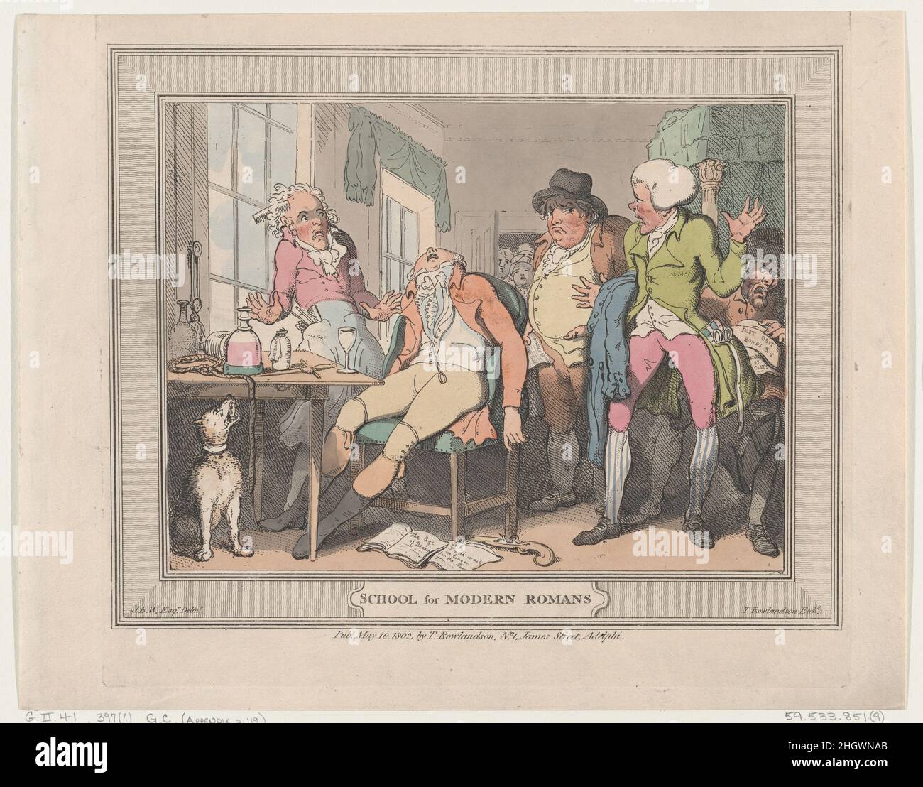 School for Modern Romans 10. Mai 1802 Thomas Rowlandson in diesem achten Druck einer Gruppe von acht Personen hat sich ein junger Mann, der tief in die Welt geschossen ist, selbst erschoss. Wir sehen ihn von einem Friseur und Schneider entdeckt, begleitet von Männern, die Rechnungen und Schuldscheine tragen. Selbstmord war damals in Großbritannien illegal, aber, wie der Titel andeutet, in Verbindung mit den alten Römern, die es als tugendhafte Option verfolgten, als das Leben unerträglich wurde. Der junge Mann hier ist natürlich nicht tugendhaft, sondern hat sich für Selbstmord entschieden, um der Schande und dem Schuldnergefängnis zu entkommen. Rowlandson hat diesen Satz nach Zeichnungen von Willyams, einer an der Universität gebildeten lieut, geätzt Stockfoto