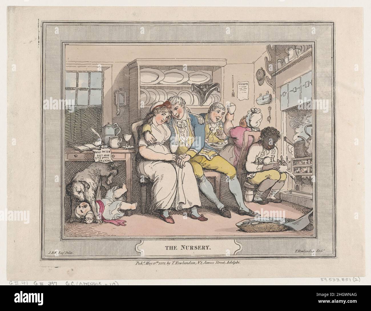 The Nursery 10. Mai 1802 Thomas Rowlandson in diesem ersten Druck eines achtköpfigen Sets ignoriert ein Kindermädchen das Kleinkind in ihrer Obhut und trinkt mit einem Soldaten, der scheinbar auf Verführung bedacht ist – hilflos auf dem Boden liegend, wird das Baby von einem Hund beschmutzt. Der zugehörige Text von Willyams, der auch das Bild entworfen hat, schlägt satirisch vor, dass Babys, die einer nassen Krankenschwester verabreicht werden, viel wahrscheinlicher gesund und stark aufwachsen, als wenn sie von liebevollen Eltern liebevoll gepflegt werden. Dann möge sich das Kind früh an jede Art von Not und Unaufmerksamkeit gewöhnen. Anstatt in die Stille durch die üblichen Mittel der Sünde gehütet zu werden Stockfoto