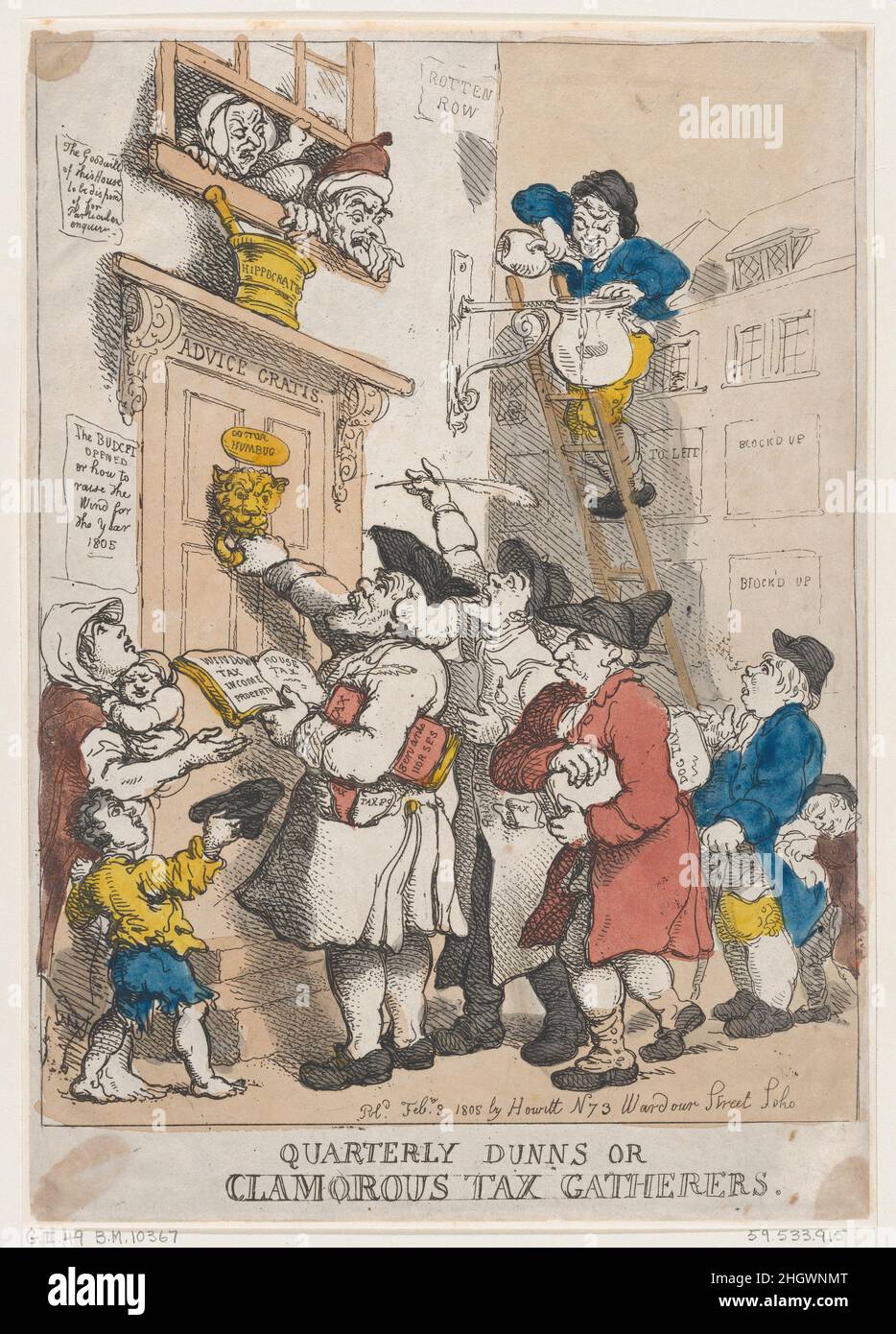 Quarterly Dunns, oder Clamourous Tax Gatherers February 3, 1805 Thomas Rowlandson. Quarterly Dunns oder lautstark steuerliche Sammler. Thomas Rowlandson (British, London 1757–1827 London). 3. Februar 1805. Handkolorierte Radierung. Samuel Howitt (British, Nottinghamshire 1756–1823 London). Ausdrucke Stockfoto