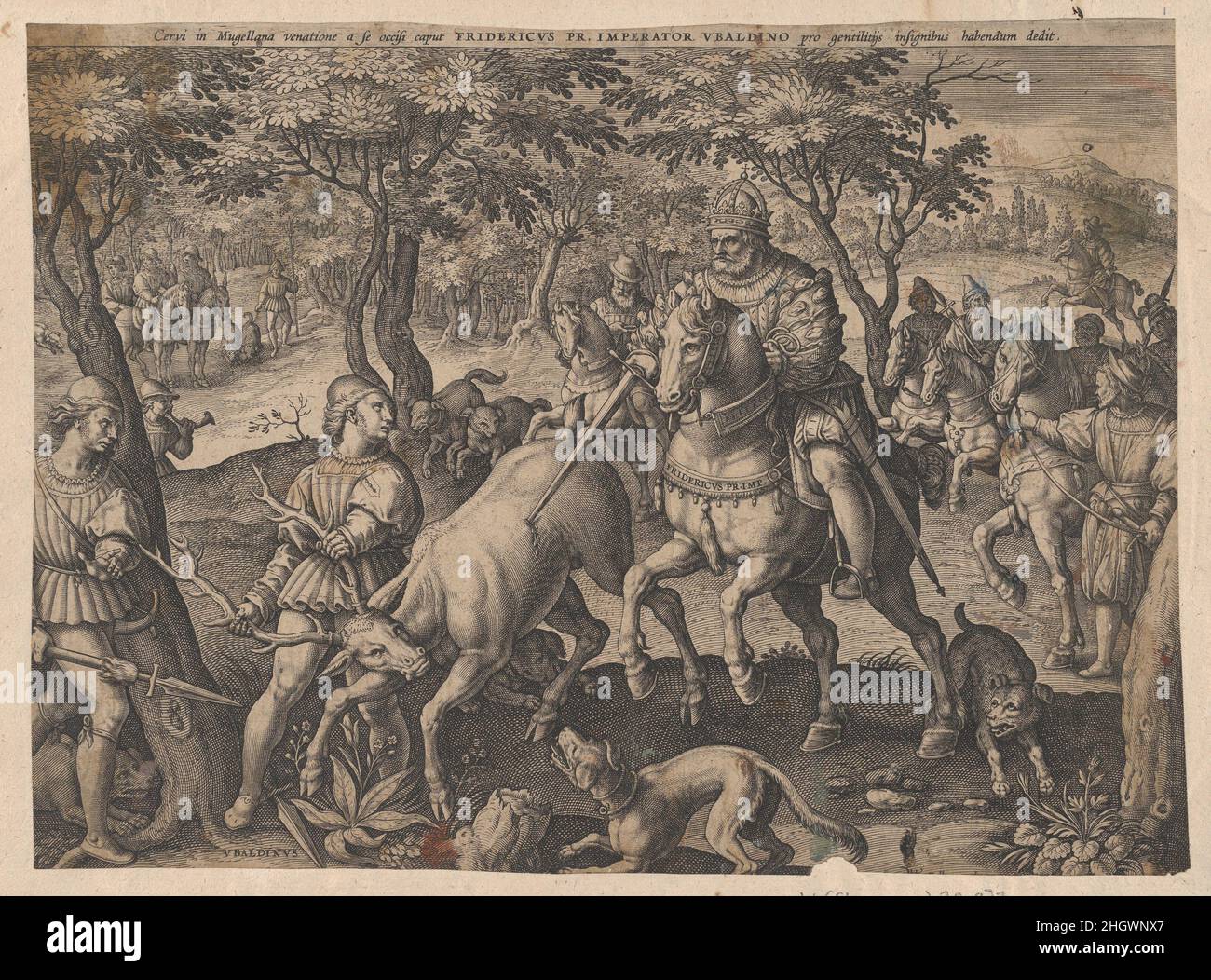 Die Hirschjagd von Kaiser Friedrich I. Barbarossa und Ubaldino Ubaldini 1589 nach Jan van der Straet, genannt Stradanus Niederlandisch. Die Hirschjagd von Kaiser Friedrich I. Barbarossa und Ubaldino Ubaldini. Nach Jan van der Straet, genannt Stradanus (Niederländisch, Brügge 1523–1605 Florenz). 1589. Gravur. Ausdrucke Stockfoto