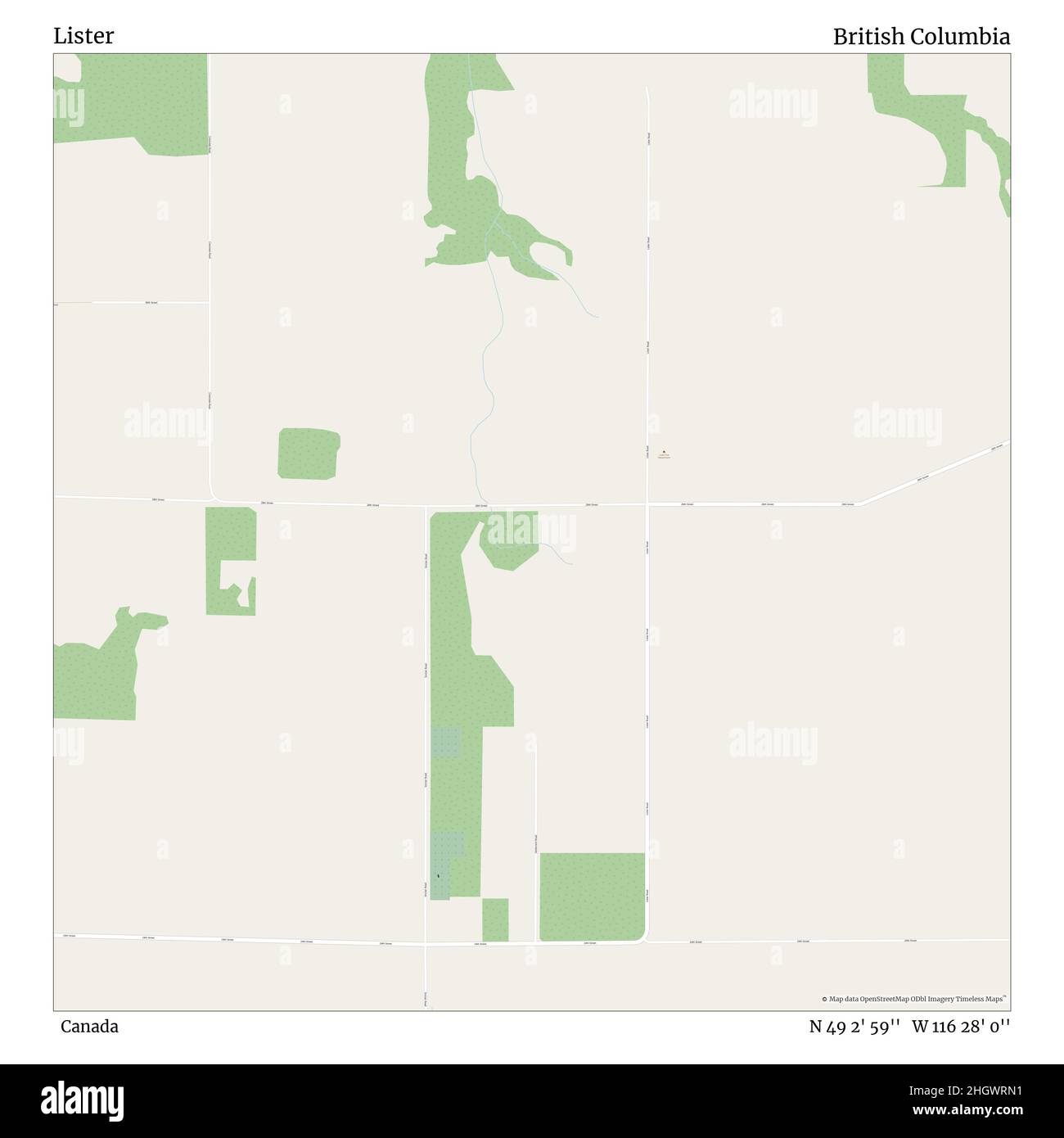 Lister, Kanada, British Columbia, N 49 2' 59'', W 116 28' 0'', map, Timeless Map veröffentlicht im Jahr 2021. Reisende, Entdecker und Abenteurer wie Florence Nightingale, David Livingstone, Ernest Shackleton, Lewis and Clark und Sherlock Holmes haben sich bei der Planung von Reisen zu den entlegensten Ecken der Welt auf Karten verlassen.Timeless Maps kartiert die meisten Orte auf der Welt und zeigt die Verwirklichung großer Träume Stockfoto