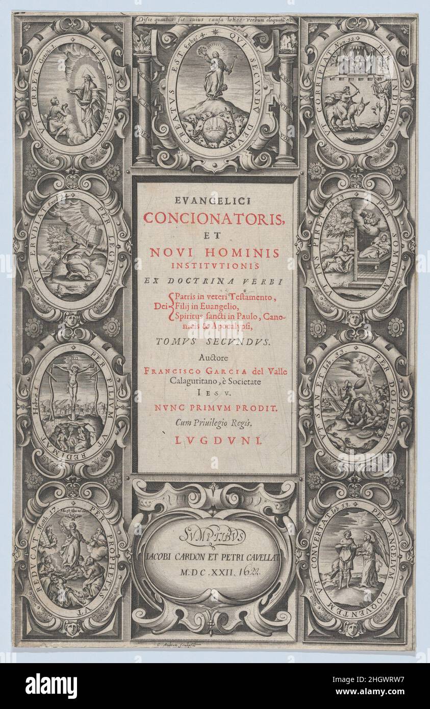 Frontispiz for Evangelicus Concionatoris, et Novi Hominis Institutionis 1622 Charles Audran Frontispiz for 'Evangelicus Concionatoris, et Novi Hominis Institutionis', geschrieben von Francisco Garcia del Valle und veröffentlicht 1622 von Lugduni, I. Cardon et P. Cavellat.. Frontispiz für Evangelicus Concionatoris, et Novi Hominis Institutionis. Charles Audran (Französisch, Paris 1594–1674 Paris). 1622. Radierung. Ausdrucke Stockfoto