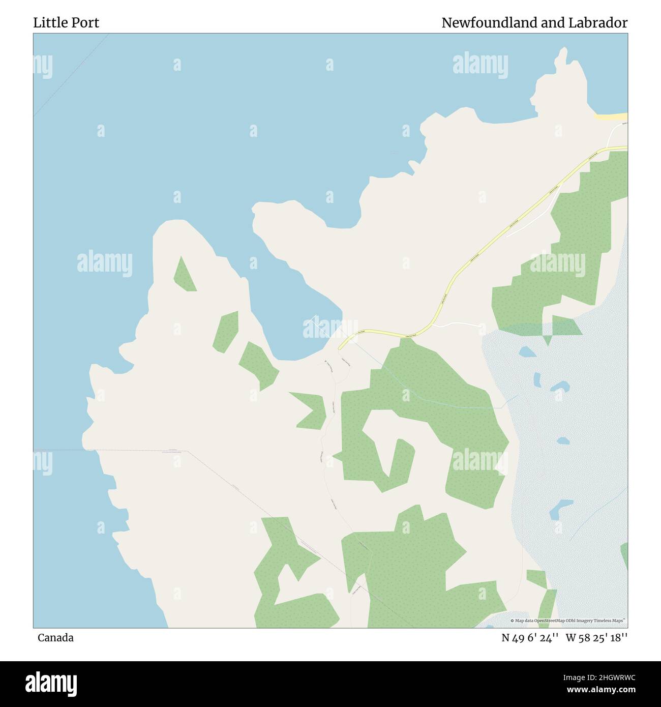 Little Port, Kanada, Neufundland und Labrador, N 49 6' 24'', W 58 25' 18'', map, Timeless Map veröffentlicht im Jahr 2021. Reisende, Entdecker und Abenteurer wie Florence Nightingale, David Livingstone, Ernest Shackleton, Lewis and Clark und Sherlock Holmes haben sich bei der Planung von Reisen zu den entlegensten Ecken der Welt auf Karten verlassen.Timeless Maps kartiert die meisten Orte auf der Welt und zeigt die Verwirklichung großer Träume Stockfoto