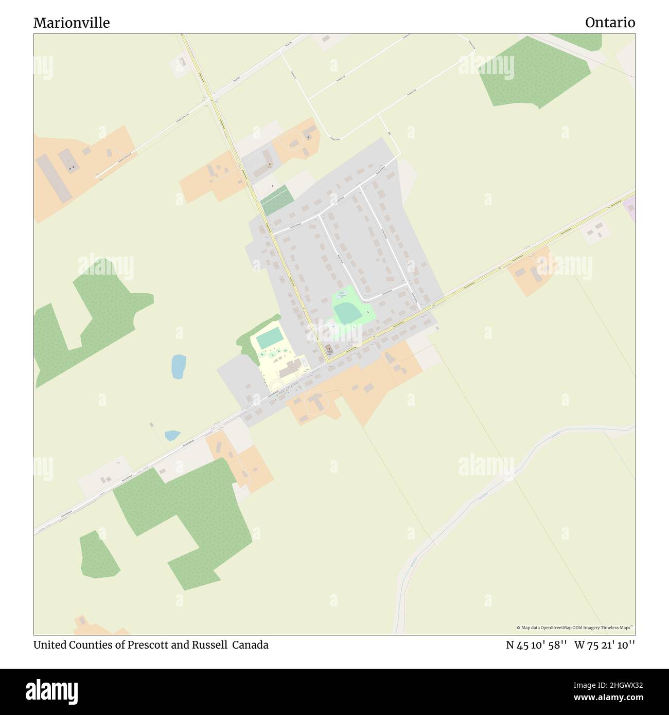 Marionville, United Counties of Prescott and Russell, Canada, Ontario, N 45 10' 58'', W 75 21' 10'', map, Timeless Map veröffentlicht im Jahr 2021. Reisende, Entdecker und Abenteurer wie Florence Nightingale, David Livingstone, Ernest Shackleton, Lewis and Clark und Sherlock Holmes haben sich bei der Planung von Reisen zu den entlegensten Ecken der Welt auf Karten verlassen.Timeless Maps kartiert die meisten Orte auf der Welt und zeigt die Verwirklichung großer Träume Stockfoto