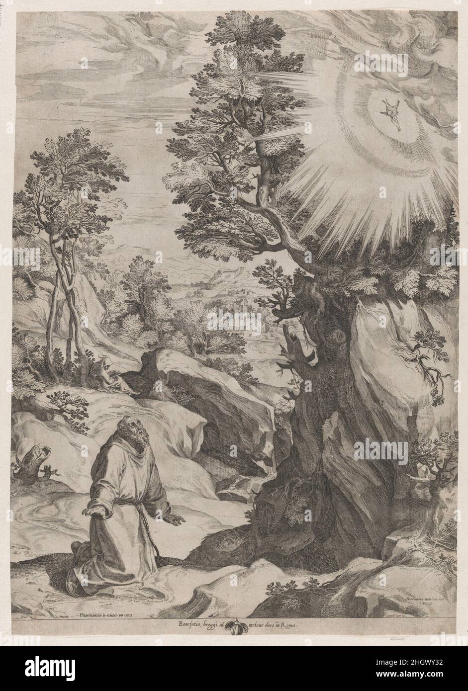 St. Francis Büßer in der Wildnis 1575 Cornelis Cort Niederlandisch. Hl. Franziskus büßend in der Wildnis. Cornelis Cort (Niederlandisch, Hoorn, ca. 1533–1578 Rom). 1575. Gravur. Bonifazio Breggio (Italienisch, aktives Rom, 1566–gestorben vor 1582). Ausdrucke Stockfoto