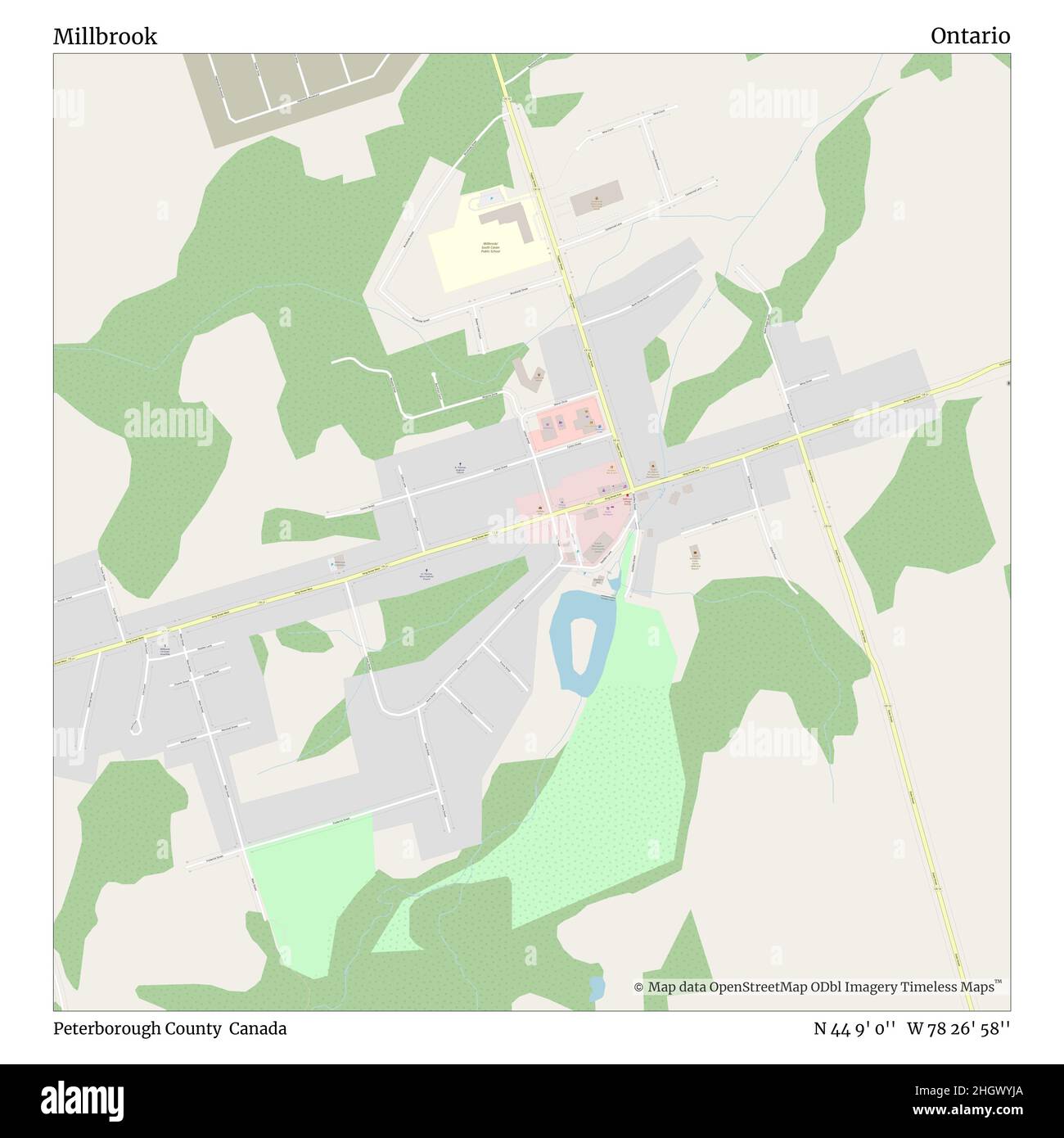 Millbrook, Peterborough County, Canada, Ontario, N 44 9' 0'', W 78 26' 58'', map, Timeless Map veröffentlicht im Jahr 2021. Reisende, Entdecker und Abenteurer wie Florence Nightingale, David Livingstone, Ernest Shackleton, Lewis and Clark und Sherlock Holmes haben sich bei der Planung von Reisen zu den entlegensten Ecken der Welt auf Karten verlassen.Timeless Maps kartiert die meisten Orte auf der Welt und zeigt die Verwirklichung großer Träume Stockfoto