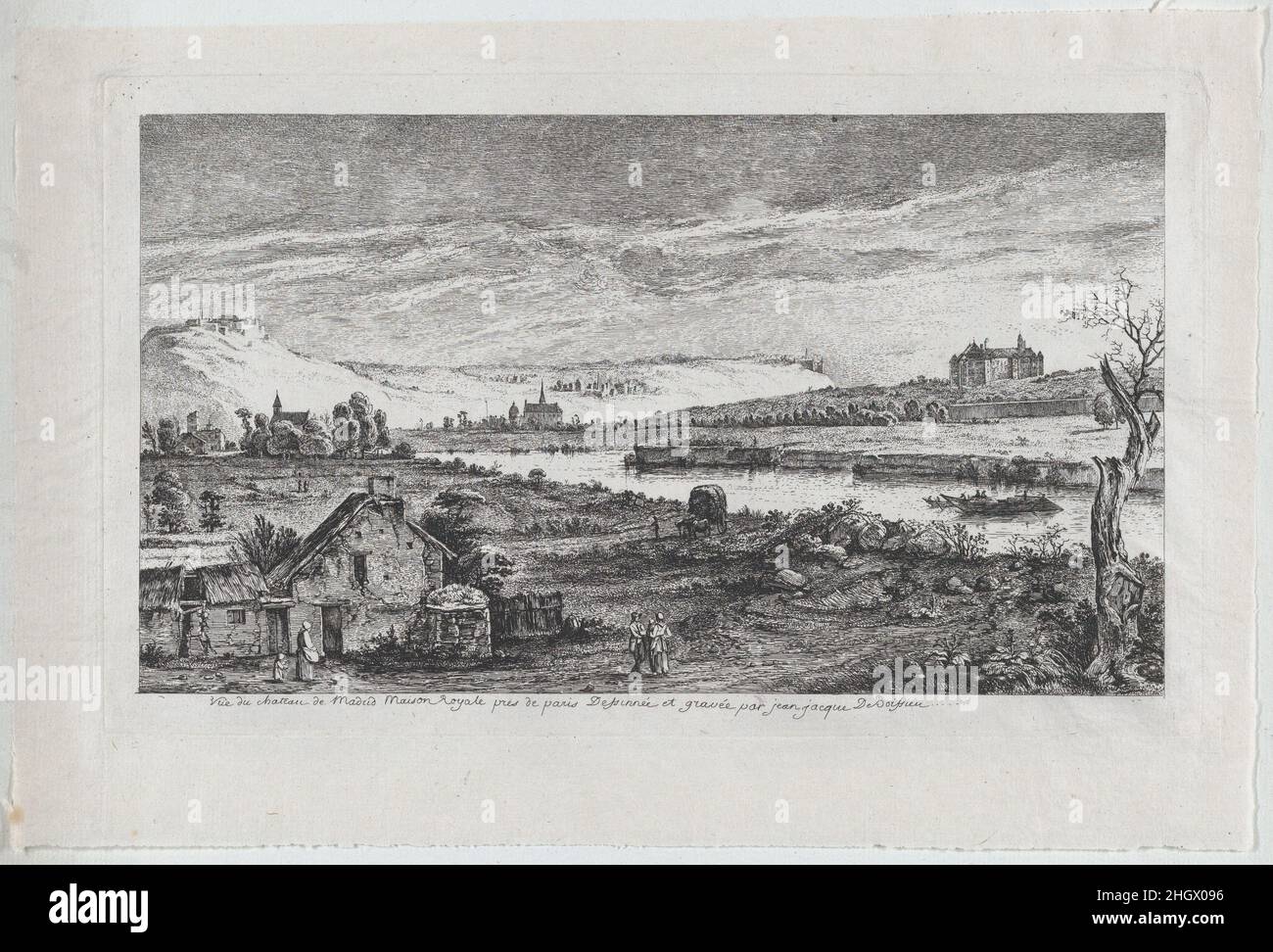 Blick auf das Schloss von Madrid, in der Nähe von Paris 1764 Jean Jacques de Boissieu Französisch. Blick auf das Schloss von Madrid, in der Nähe von Paris. Jean Jacques de Boissieu (Französisch, Lyon 1736–1810 Lyon). 1764. Ätzung mit Trockenpunkt; vierter Zustand von fünf. Ausdrucke Stockfoto