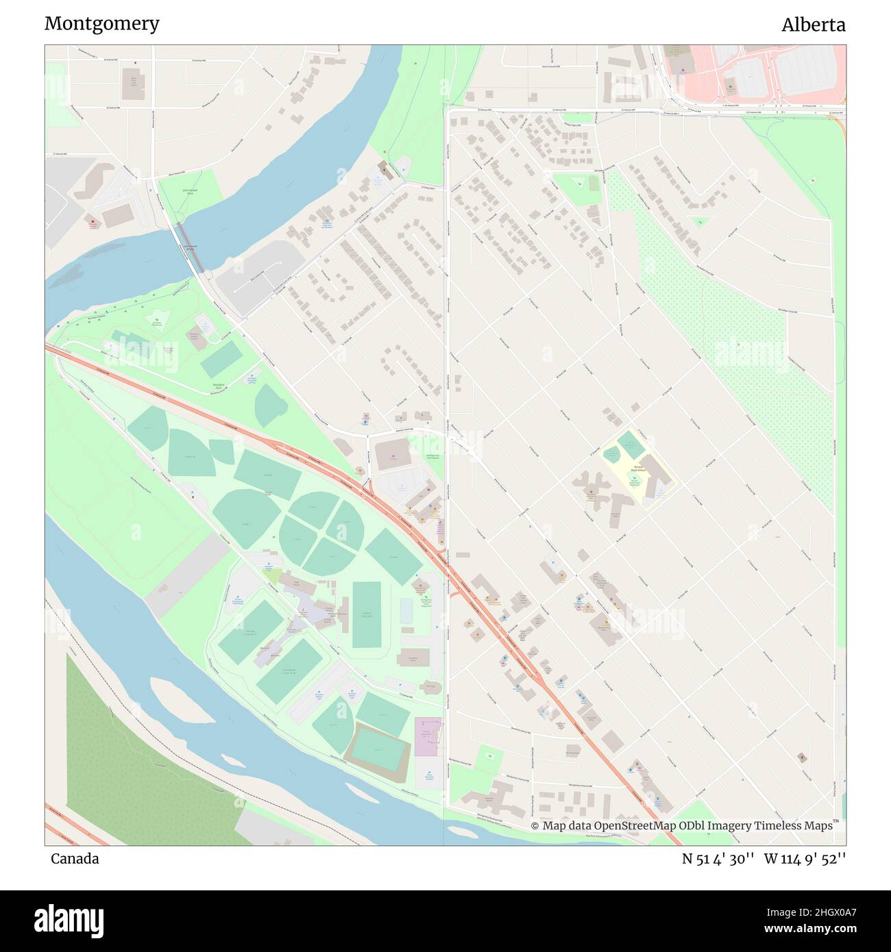 Montgomery, Kanada, Alberta, N 51 4' 30'', W 114 9' 52'', map, Timeless Map veröffentlicht im Jahr 2021. Reisende, Entdecker und Abenteurer wie Florence Nightingale, David Livingstone, Ernest Shackleton, Lewis and Clark und Sherlock Holmes haben sich bei der Planung von Reisen zu den entlegensten Ecken der Welt auf Karten verlassen.Timeless Maps kartiert die meisten Orte auf der Welt und zeigt die Verwirklichung großer Träume Stockfoto