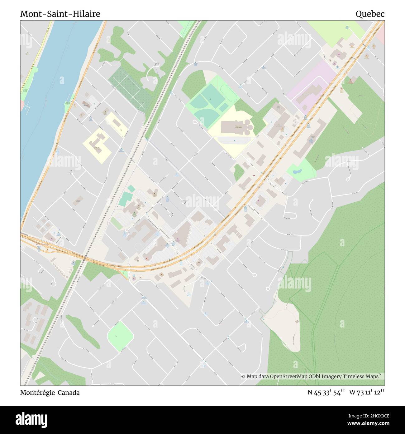 Mont-Saint-Hilaire, Montérégie, Kanada, Quebec, N 45 33' 54'', W 73 11' 12'', map, Timeless Map veröffentlicht im Jahr 2021. Reisende, Entdecker und Abenteurer wie Florence Nightingale, David Livingstone, Ernest Shackleton, Lewis and Clark und Sherlock Holmes haben sich bei der Planung von Reisen zu den entlegensten Ecken der Welt auf Karten verlassen.Timeless Maps kartiert die meisten Orte auf der Welt und zeigt die Verwirklichung großer Träume Stockfoto