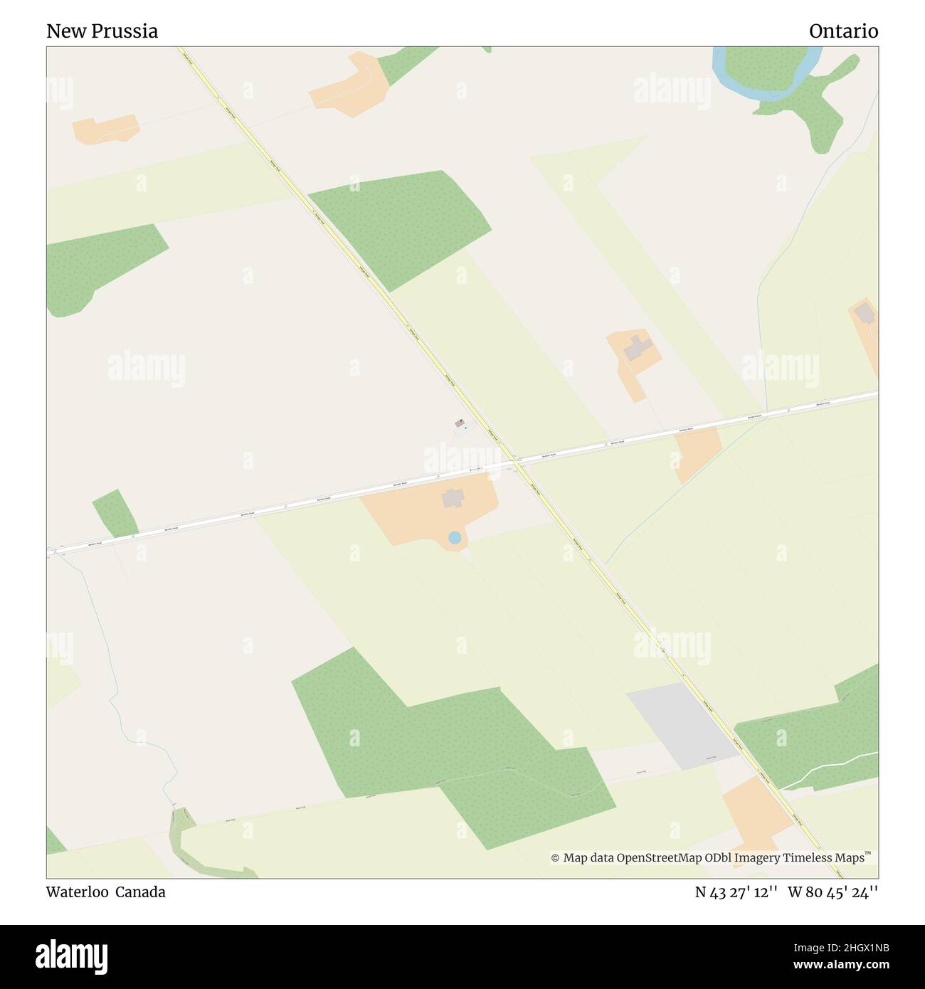 Neupreußen, Waterloo, Kanada, Ontario, N 43 27' 12'', W 80 45' 24'', Karte, Timeless Map veröffentlicht 2021. Reisende, Entdecker und Abenteurer wie Florence Nightingale, David Livingstone, Ernest Shackleton, Lewis and Clark und Sherlock Holmes haben sich bei der Planung von Reisen zu den entlegensten Ecken der Welt auf Karten verlassen.Timeless Maps kartiert die meisten Orte auf der Welt und zeigt die Verwirklichung großer Träume Stockfoto