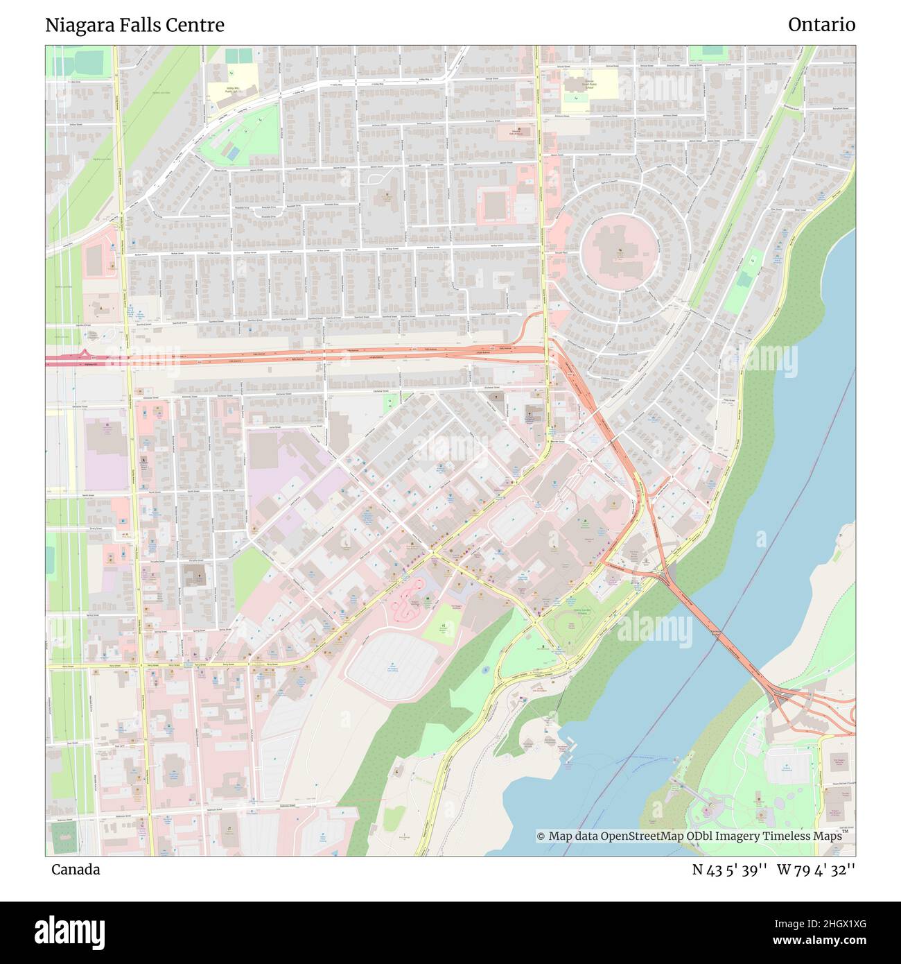 Niagara Falls Centre, Canada, Ontario, N 43 5' 39'', W 79 4' 32'', map, Timeless Map veröffentlicht im Jahr 2021. Reisende, Entdecker und Abenteurer wie Florence Nightingale, David Livingstone, Ernest Shackleton, Lewis and Clark und Sherlock Holmes haben sich bei der Planung von Reisen zu den entlegensten Ecken der Welt auf Karten verlassen.Timeless Maps kartiert die meisten Orte auf der Welt und zeigt die Verwirklichung großer Träume Stockfoto