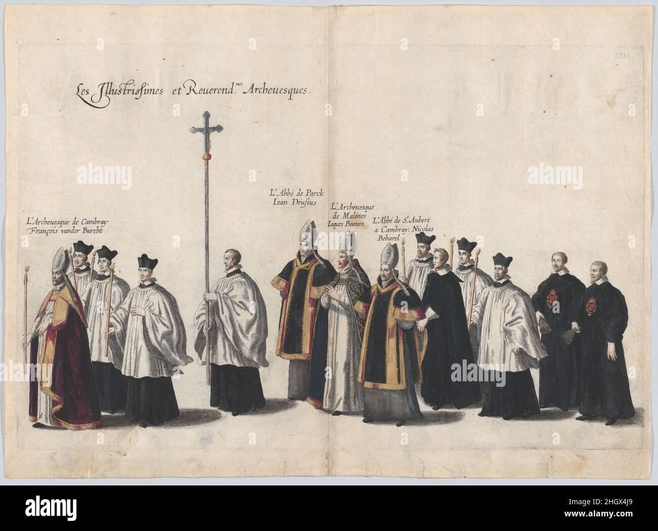 Tafel 13: Mitglieder des Klerus marschieren in der Trauerprozession von Erzherzog Albert von Österreich; aus 'Pompa Funebris ... Alberti PII' 1623 Cornelis Galle I Platte aus 'Pompa Funebris ... Alberti PII', nach Jacques Francquart, illustriert die Trauerprozession von Albert dem Frommen (1559–1621), Erzherzog von Österreich, Sohn von Kaiser Maximilian II. In der Mitte sind 2 Blätter zusammengeklebt.die erste Ausgabe dieser Serie enthält 54 nummerierte Tafeln und eine eingravierte Titelseite, die 1623 erschienen ist.die zweite und dritte Auflage enthalten 66 Tafeln und wurden 1728 bzw. 1729 veröffentlicht. Platte 13: Stockfoto